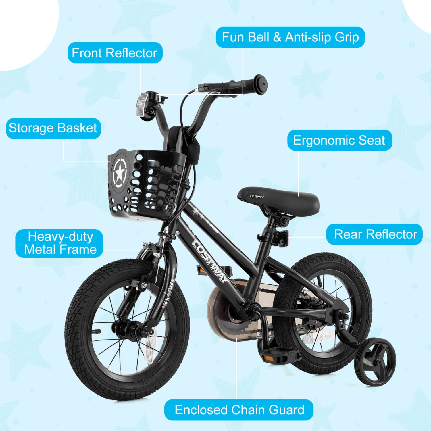 Costway Kid's Bike with Training Wheels Adjustable Handlebar & Seat Handbrake Black/Pink/Silver