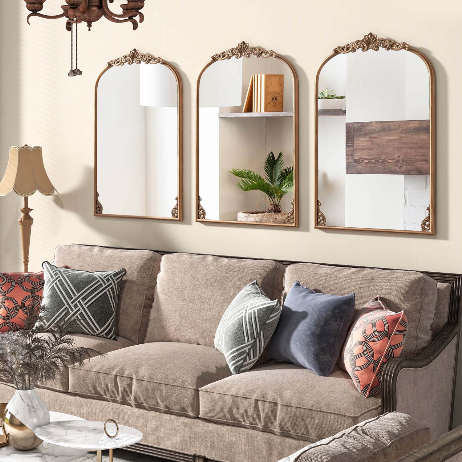 Costway Gold Traditional Vintage Ornate Baroque Arched Mirror for