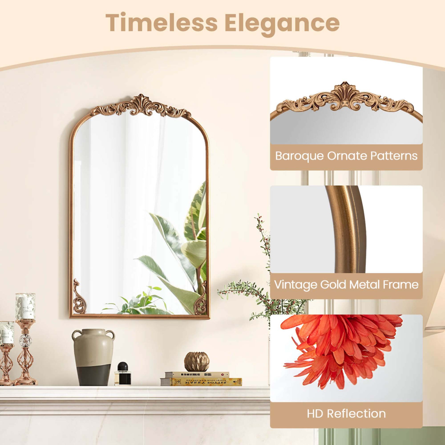 Costway Gold Traditional Vintage Ornate Baroque Arched Mirror for