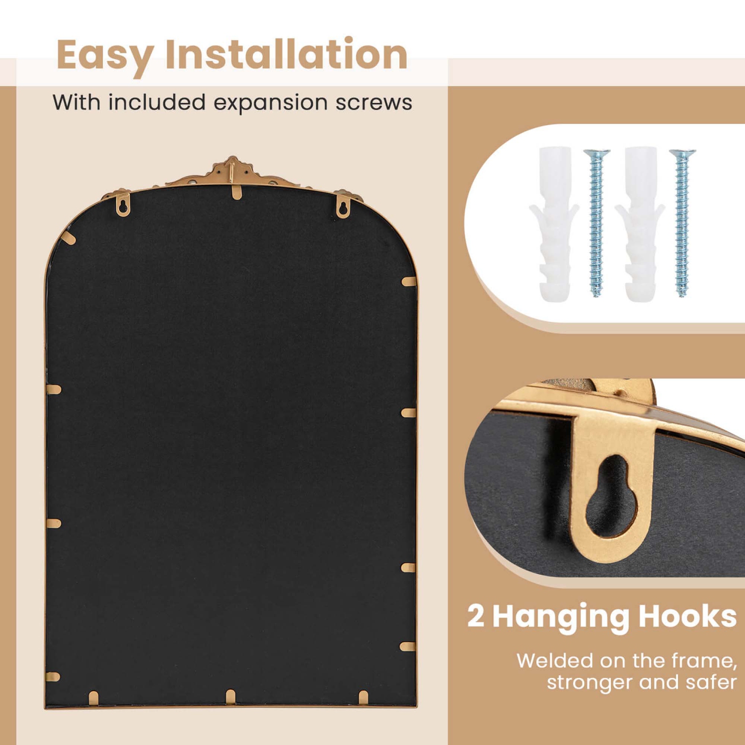 Miroir arqué baroque traditionnel style ancien de Costway Gold pour mur avec cadre en métal