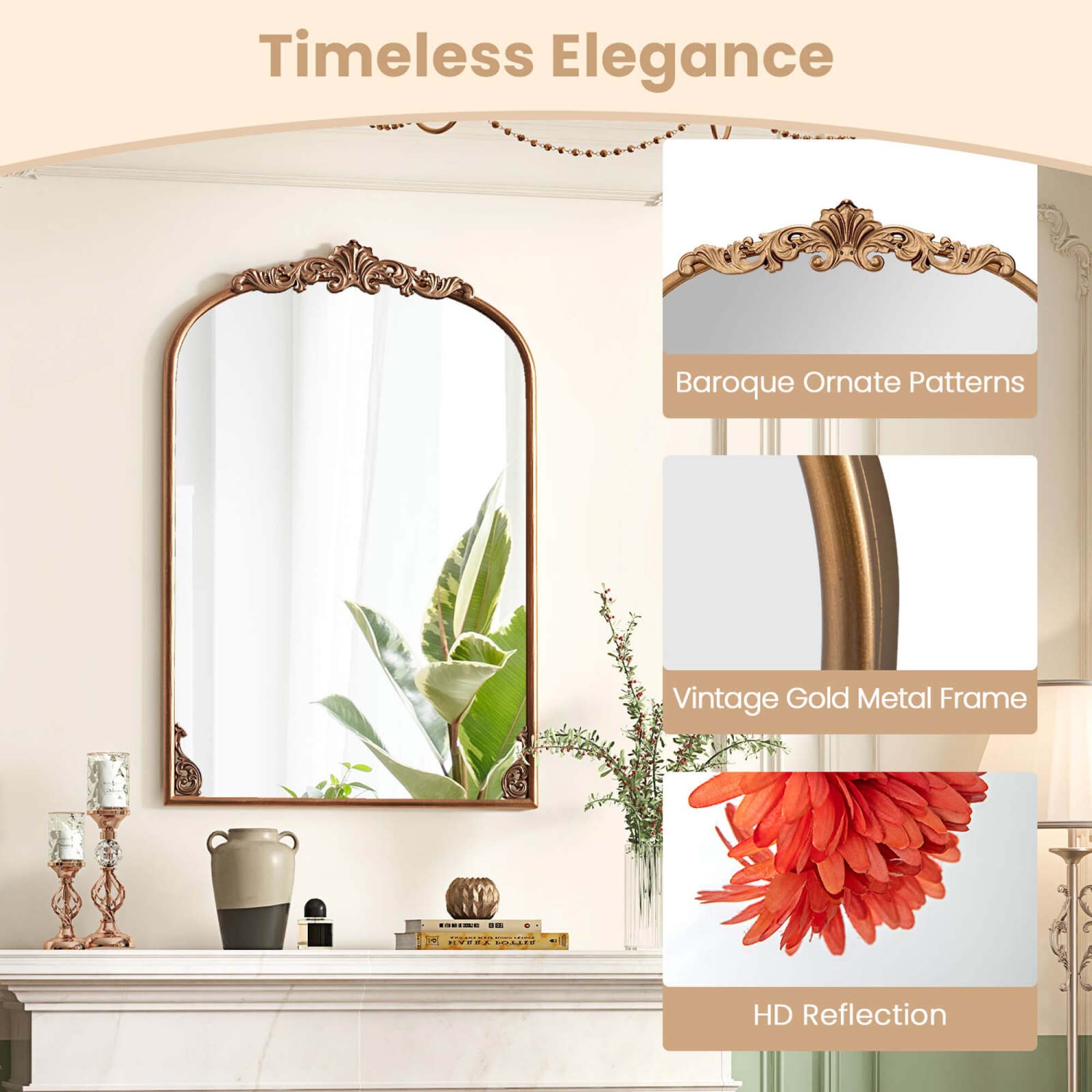 Miroir arqué baroque traditionnel style ancien de Costway Gold pour mur avec cadre en métal