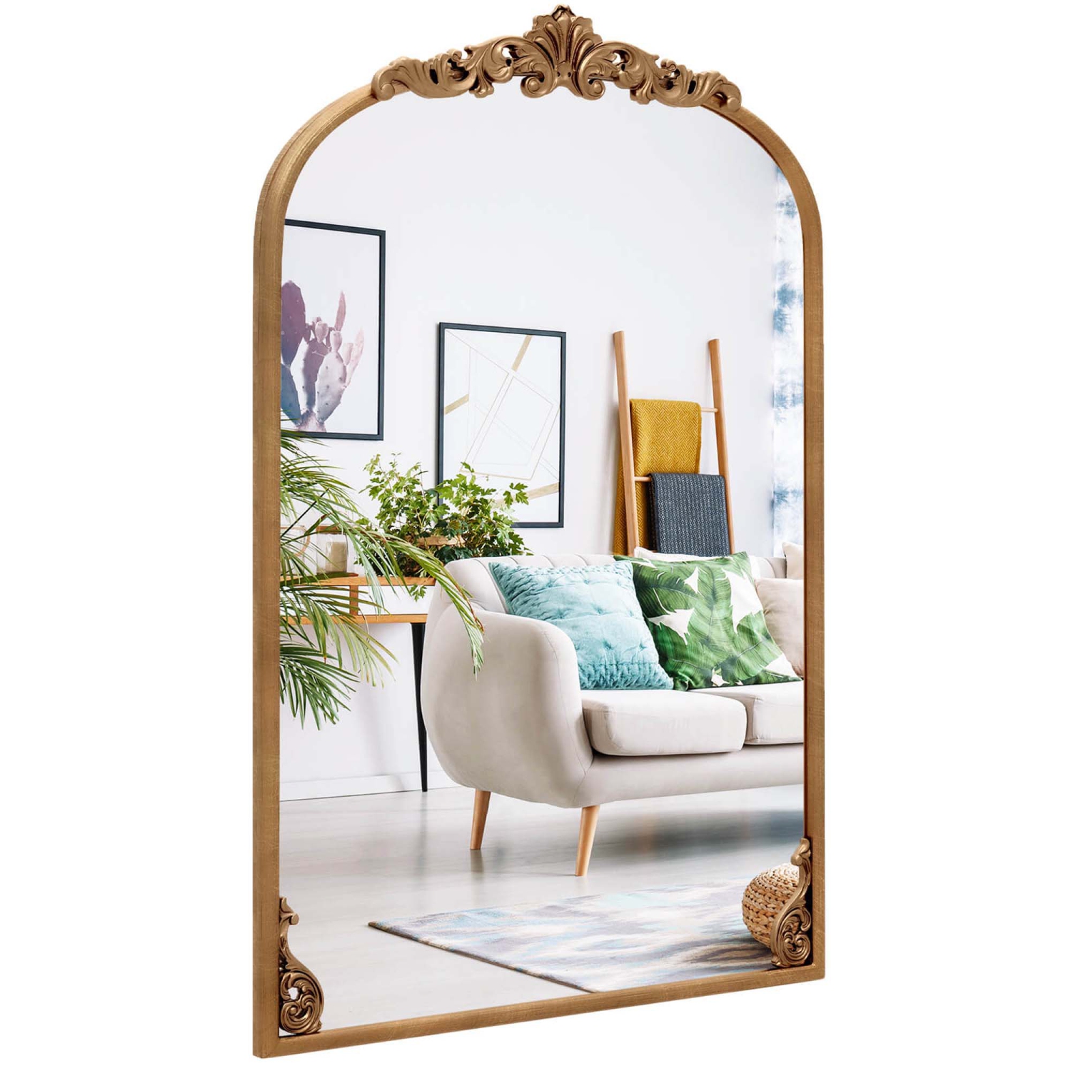 Miroir arqué baroque traditionnel style ancien de Costway Gold pour mur avec cadre en métal