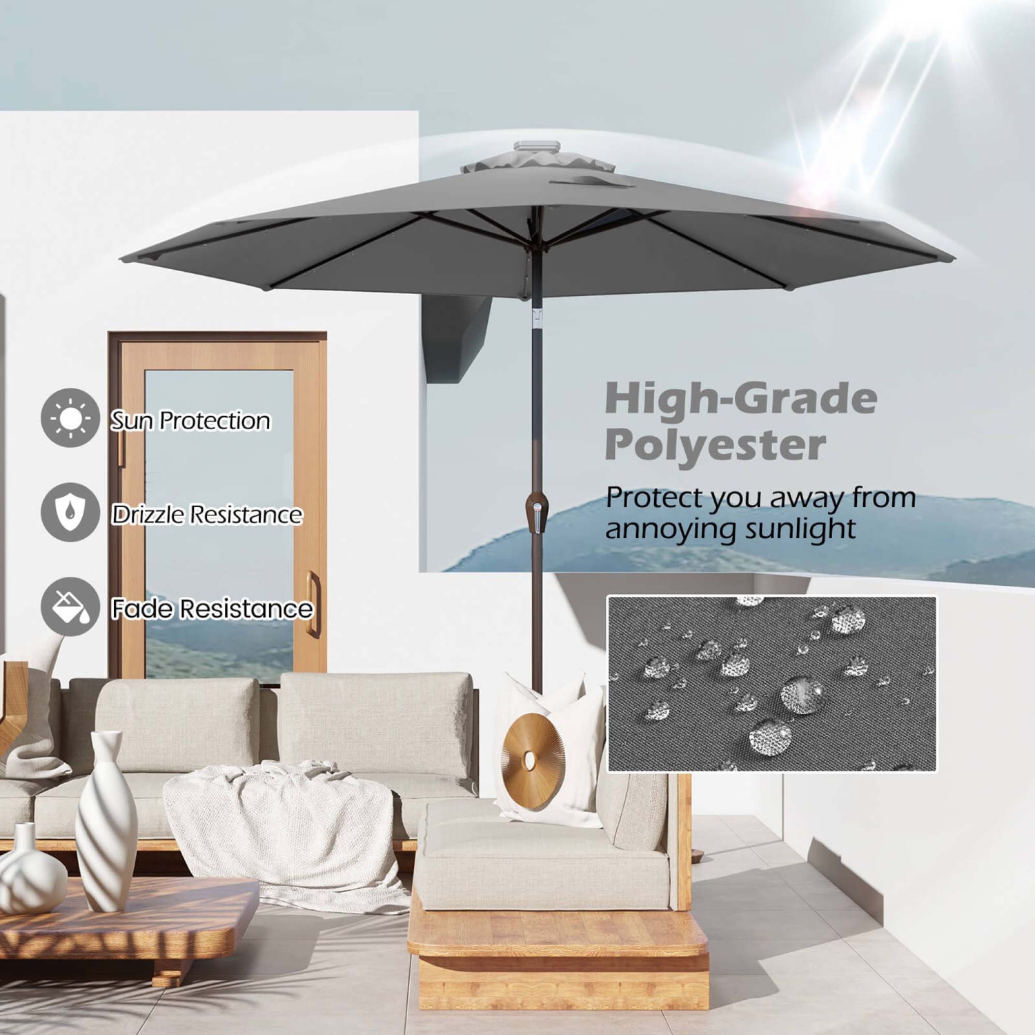 Costway 10' Solar LED Lighted Patio Market Umbrella Shade Tilt Adjustment Crank