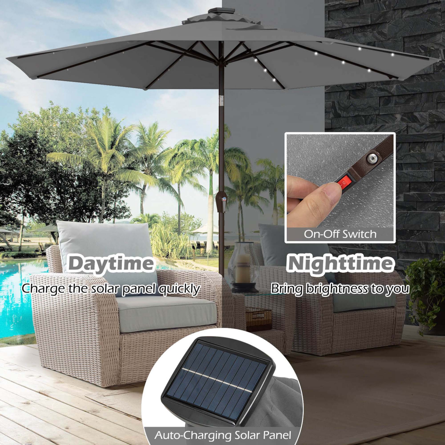 Costway 10' Solar LED Lighted Patio Market Umbrella Shade Tilt Adjustment Crank