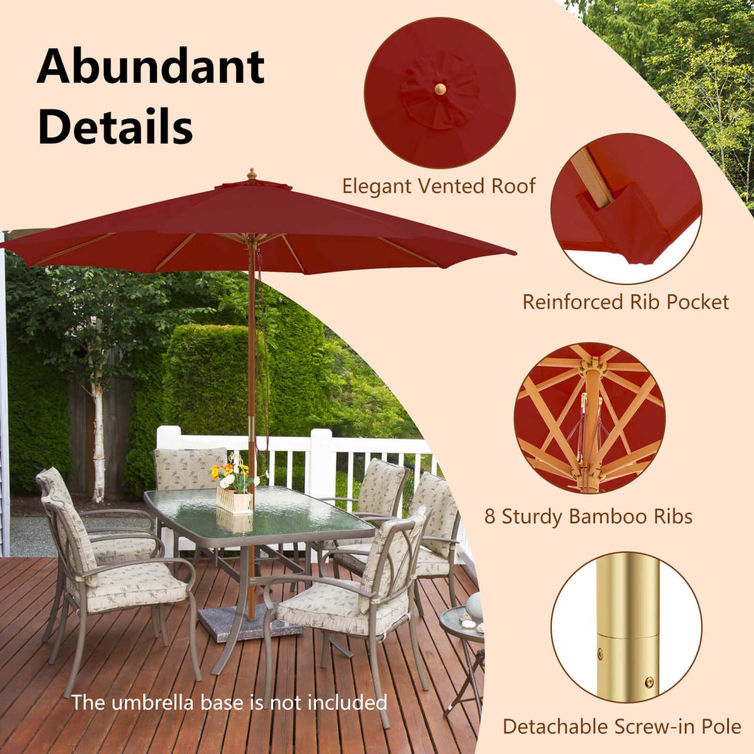 Costway 10FT Patio Wooden Market Table Umbrella Pulley with 8 Bamboo Ribs Sunshade Canopy Coffee/Gray/Navy/Wine/Beige