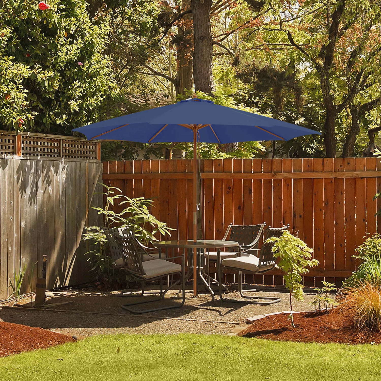 Costway 10FT Patio Wooden Market Table Umbrella Pulley with 8 Bamboo Ribs Sunshade Canopy Coffee/Gray/Navy/Wine/Beige