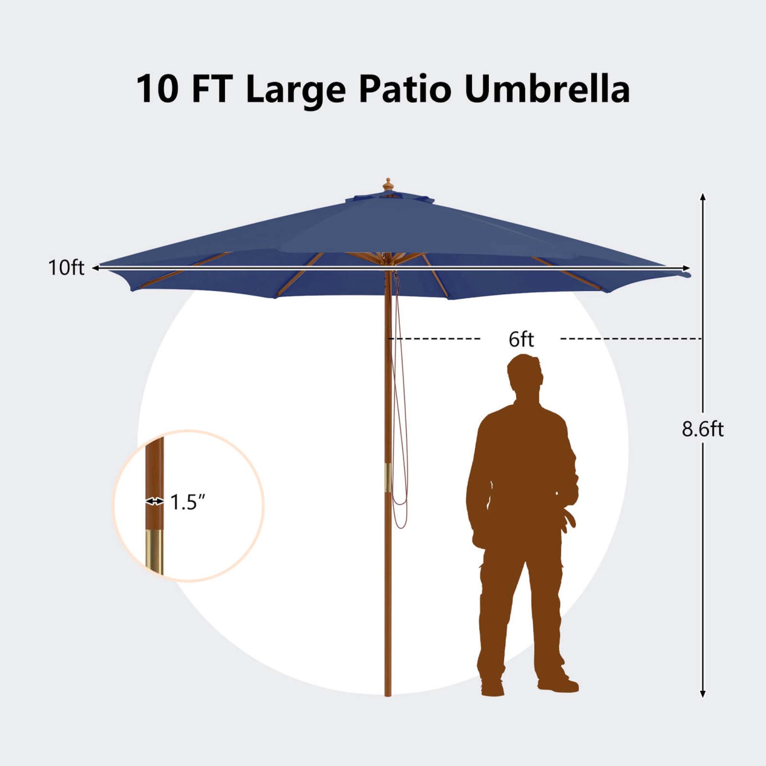 Costway 10FT Patio Wooden Market Table Umbrella Pulley with 8 Bamboo Ribs Sunshade Canopy Coffee/Gray/Navy/Wine/Beige