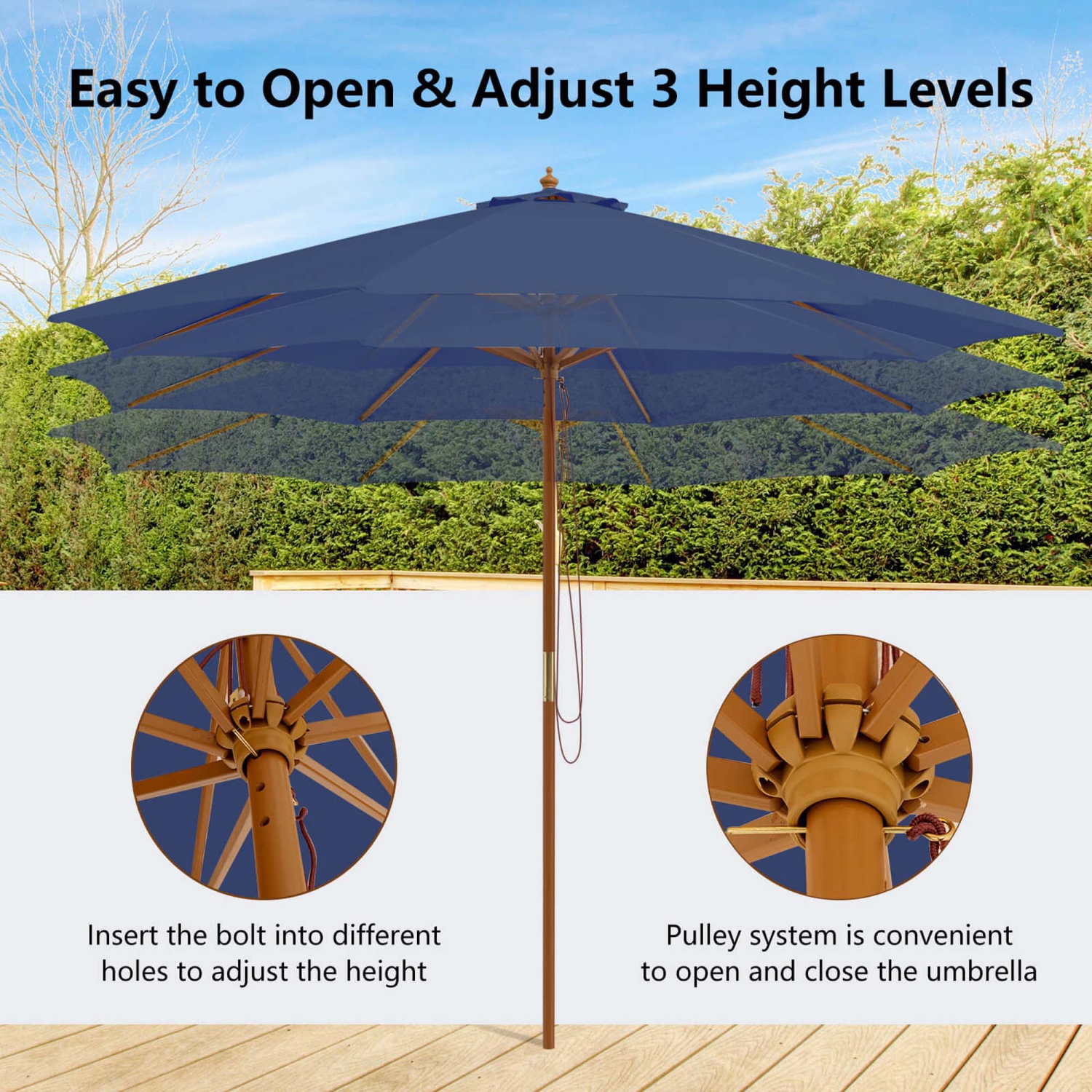 Costway 10FT Patio Wooden Market Table Umbrella Pulley with 8 Bamboo Ribs Sunshade Canopy Coffee/Gray/Navy/Wine/Beige