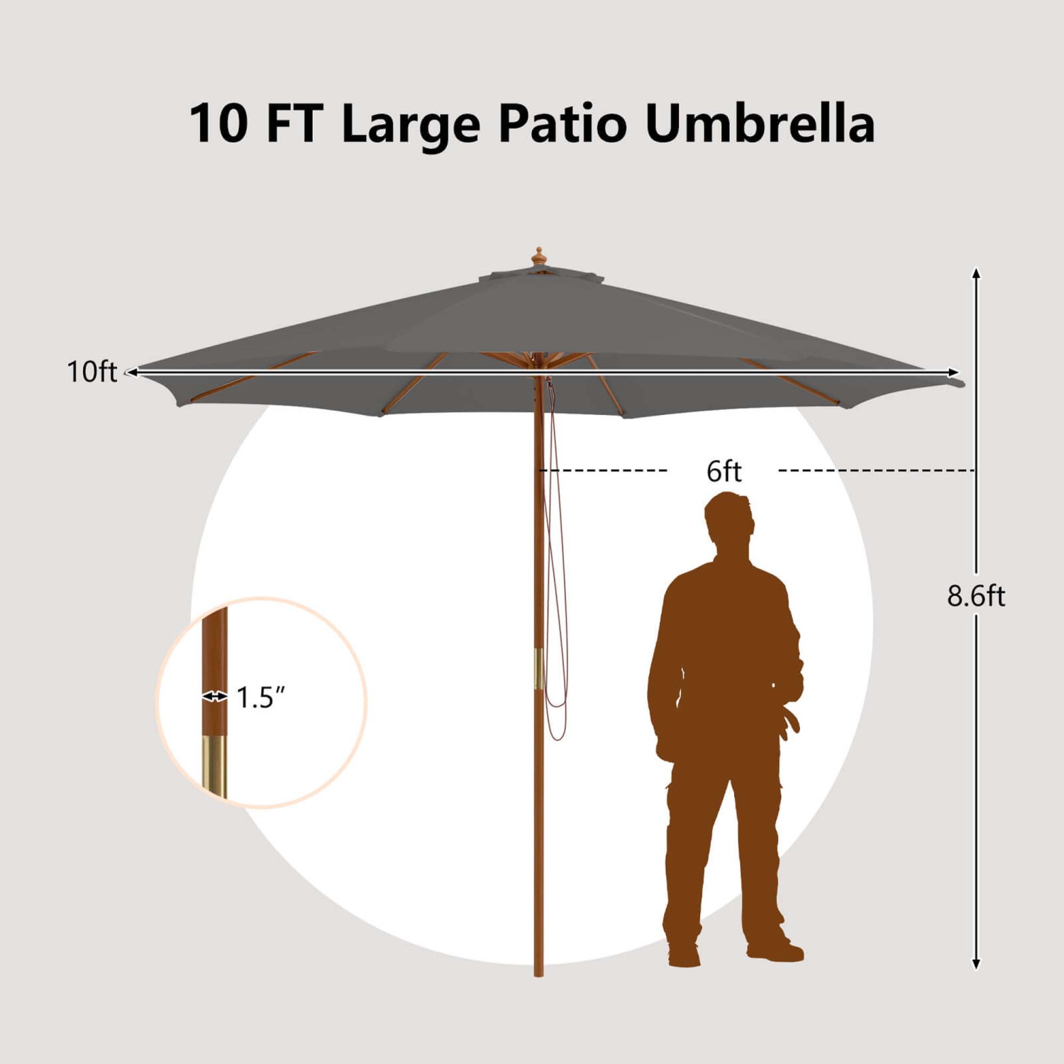 Costway 10FT Patio Wooden Market Table Umbrella Pulley with 8 Bamboo Ribs Sunshade Canopy Coffee/Gray/Navy/Wine/Beige