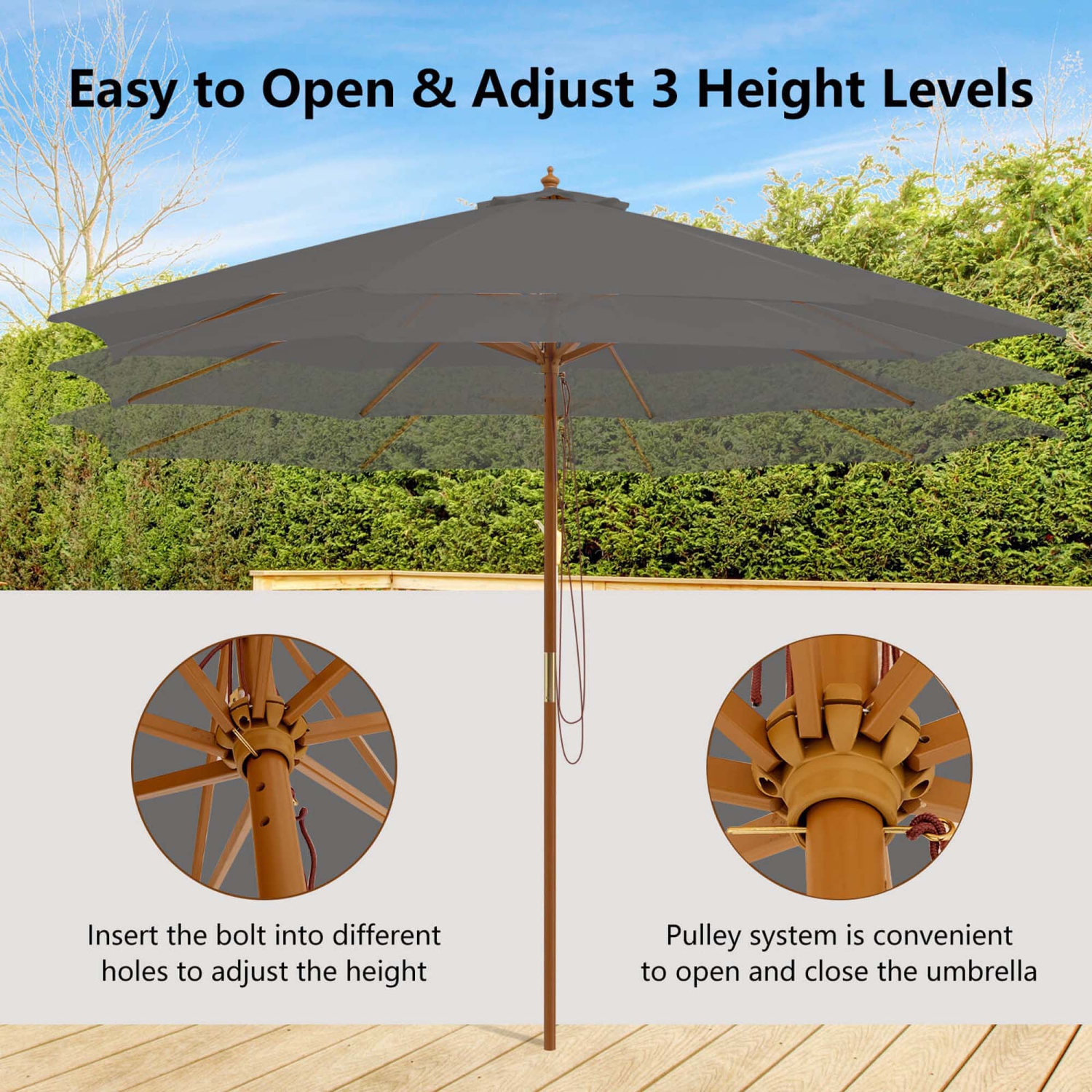 Costway 10FT Patio Wooden Market Table Umbrella Pulley with 8 Bamboo Ribs Sunshade Canopy Coffee/Gray/Navy/Wine/Beige