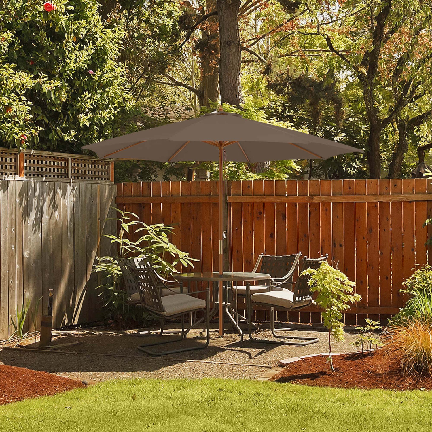 Costway 10FT Patio Wooden Market Table Umbrella Pulley with 8 Bamboo Ribs Sunshade Canopy Coffee/Gray/Navy/Wine/Beige