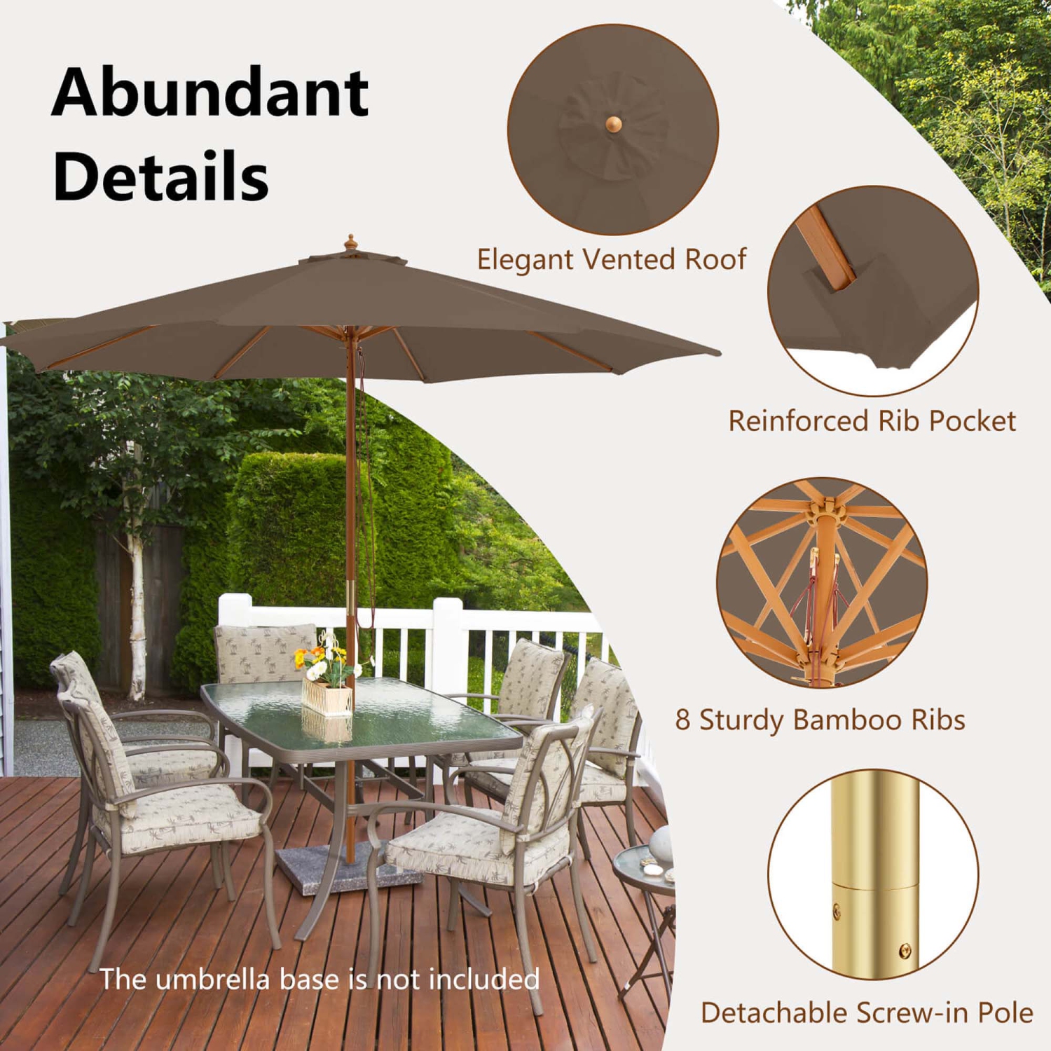 Costway 10FT Patio Wooden Market Table Umbrella Pulley with 8 Bamboo Ribs Sunshade Canopy Coffee/Gray/Navy/Wine/Beige