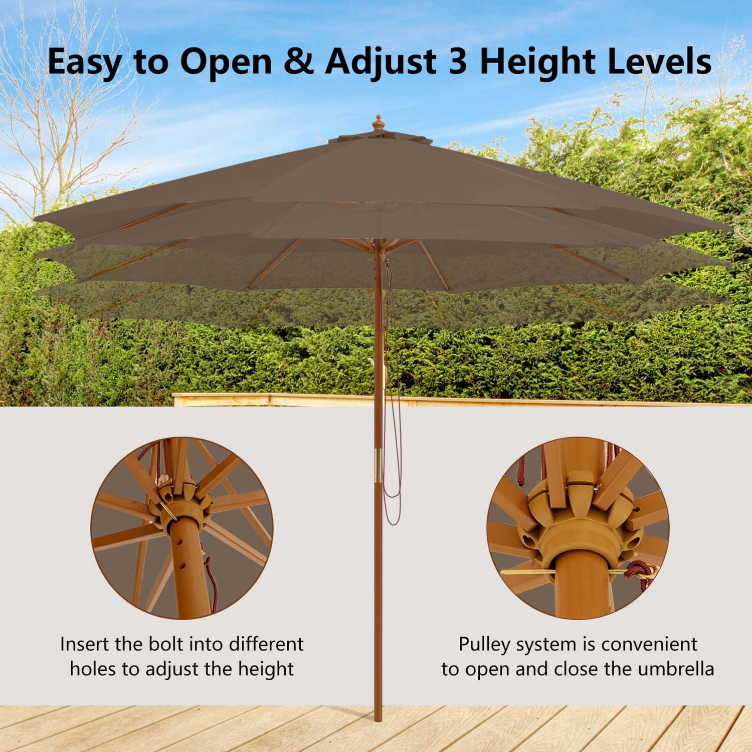 Costway 10FT Patio Wooden Market Table Umbrella Pulley with 8 Bamboo Ribs Sunshade Canopy Coffee/Gray/Navy/Wine/Beige