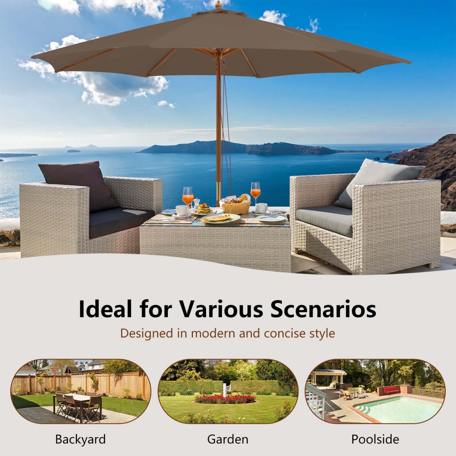 Costway 10FT Patio Wooden Market Table Umbrella Pulley with 8 Bamboo Ribs Sunshade Canopy Coffee/Gray/Navy/Wine/Beige