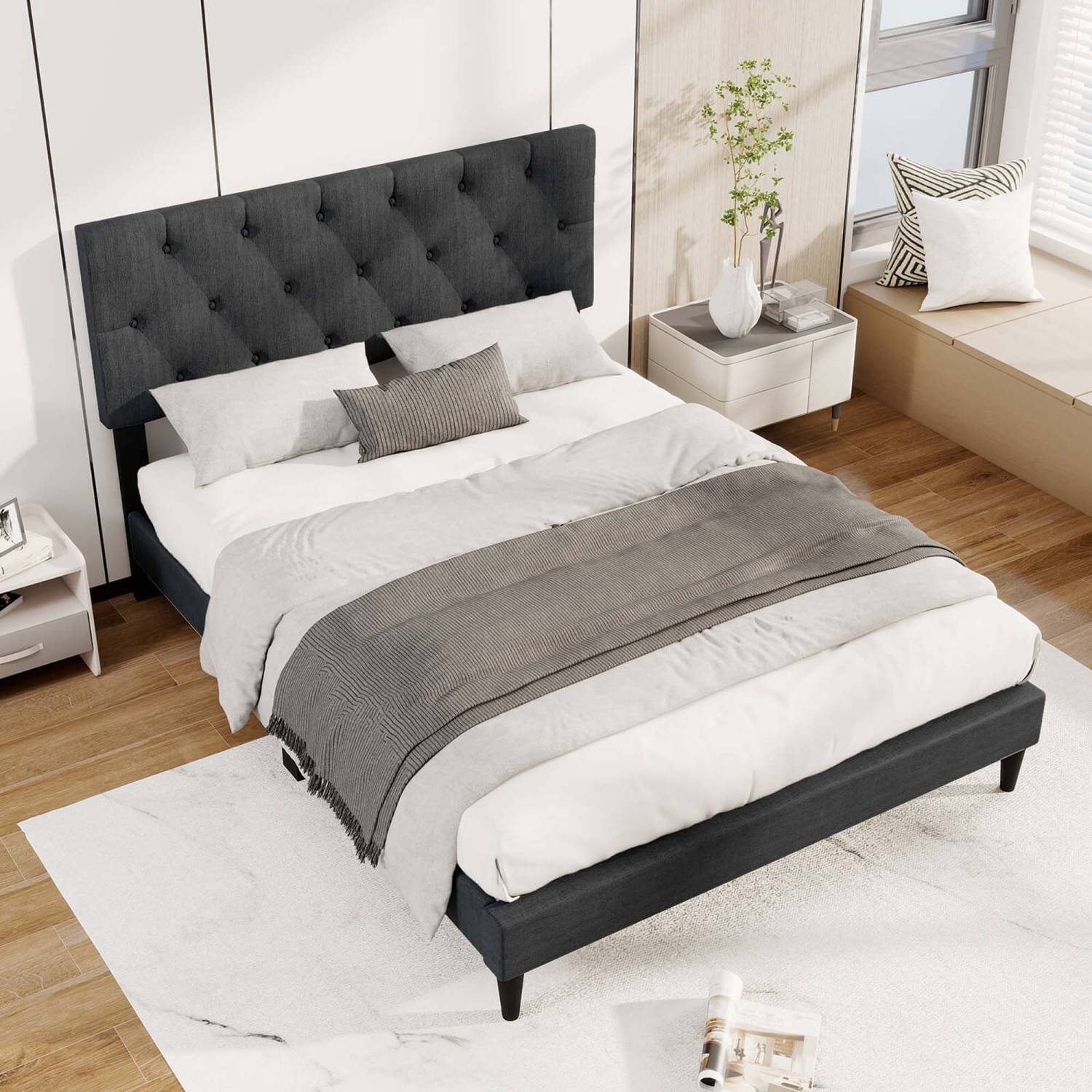 Costway Twin/Full/Queen Size Bed Frame with Button-Tufted Headboard & Wooden Slats Easy Assembly