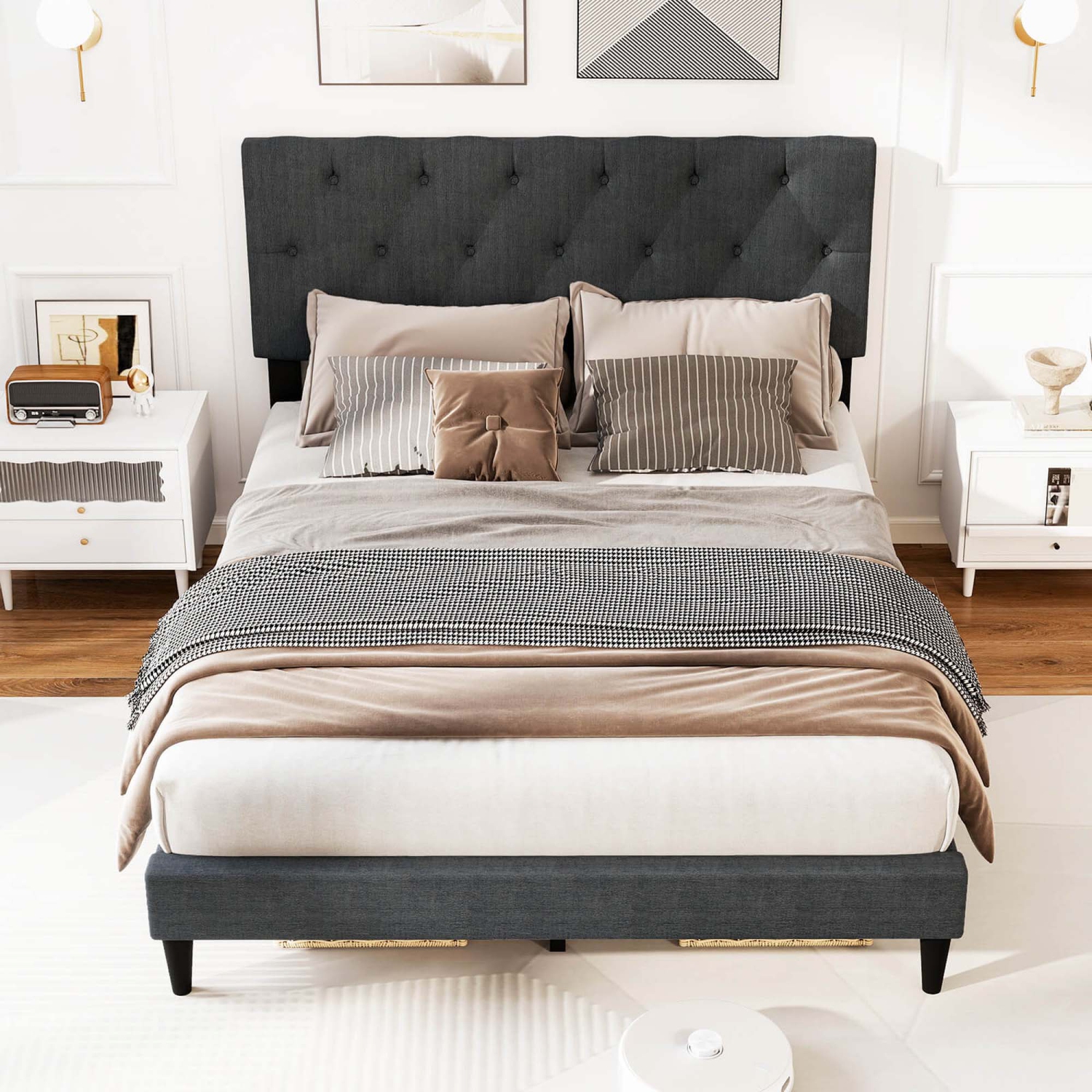 Costway Twin/Full/Queen Size Bed Frame with Button-Tufted Headboard & Wooden Slats Easy Assembly
