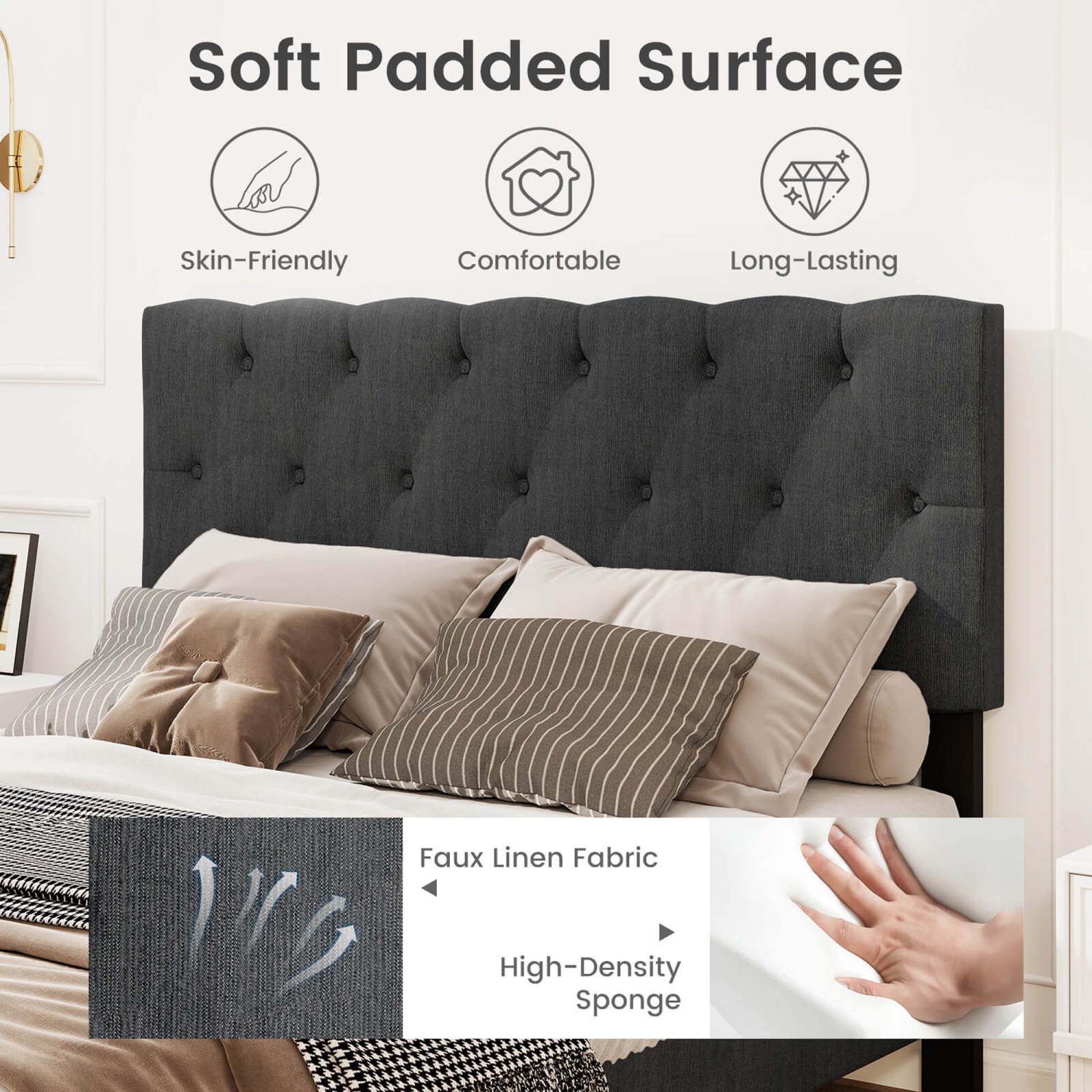 Costway Twin/Full/Queen Size Bed Frame with Button-Tufted Headboard & Wooden Slats Easy Assembly