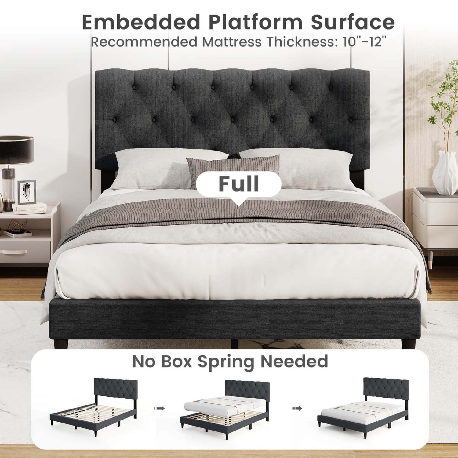 Costway Twin/Full/Queen Size Bed Frame with Button-Tufted Headboard & Wooden Slats Easy Assembly