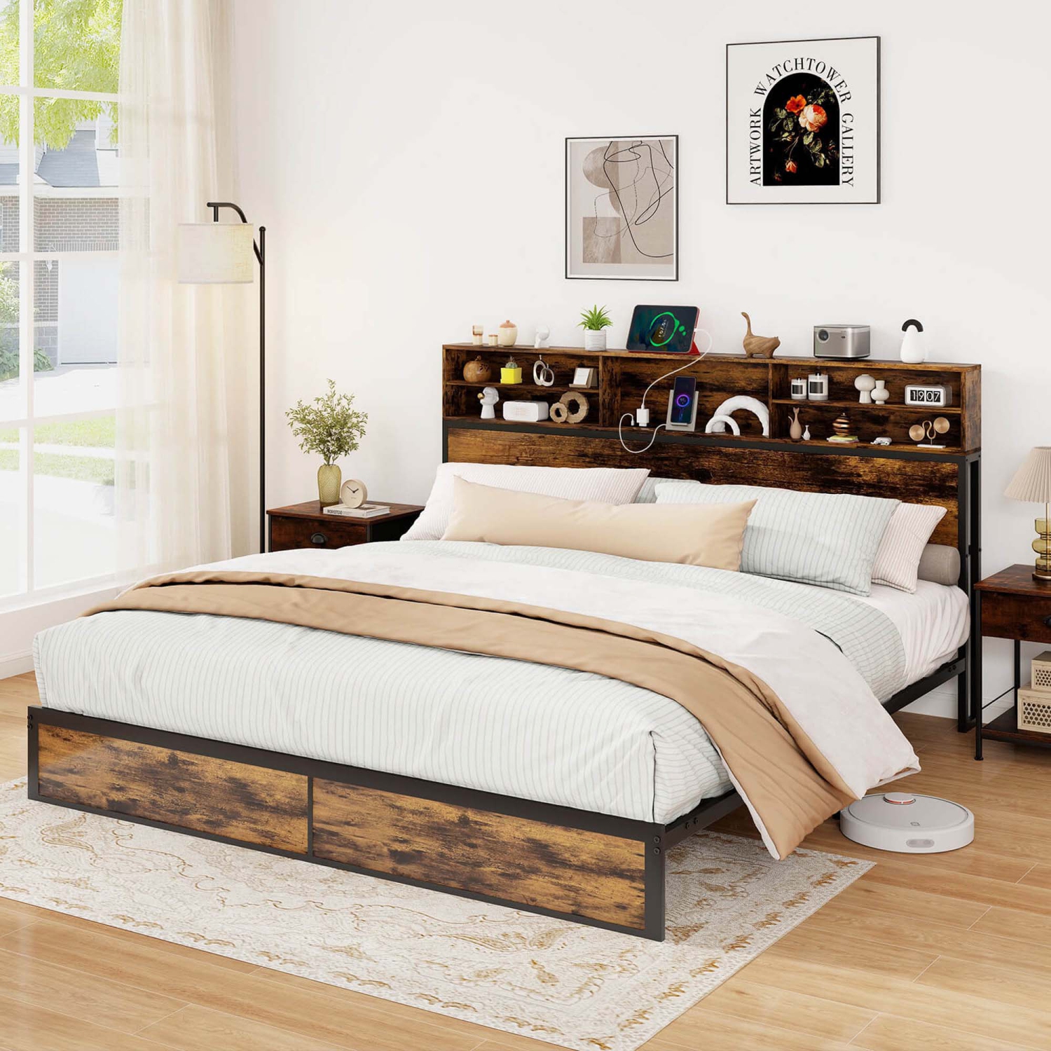 Cadre de lit simple/grand/très grand lit/double avec station de chargement/tête de lit rangement sous lit de Costway