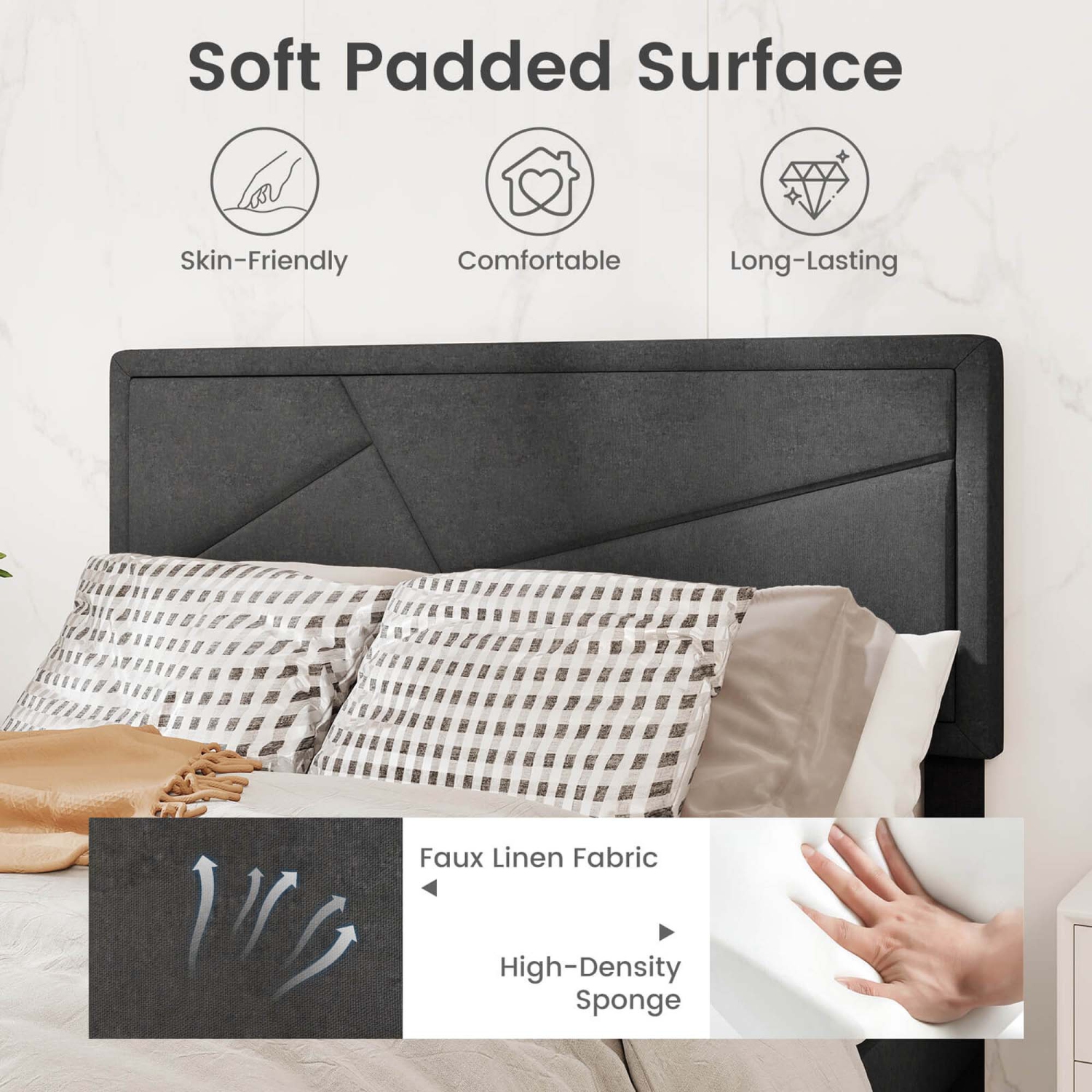 Cadre de lit simple/double/grand lit avec tête de lit haute et lattes en bois de Costway Aucun sommier requis