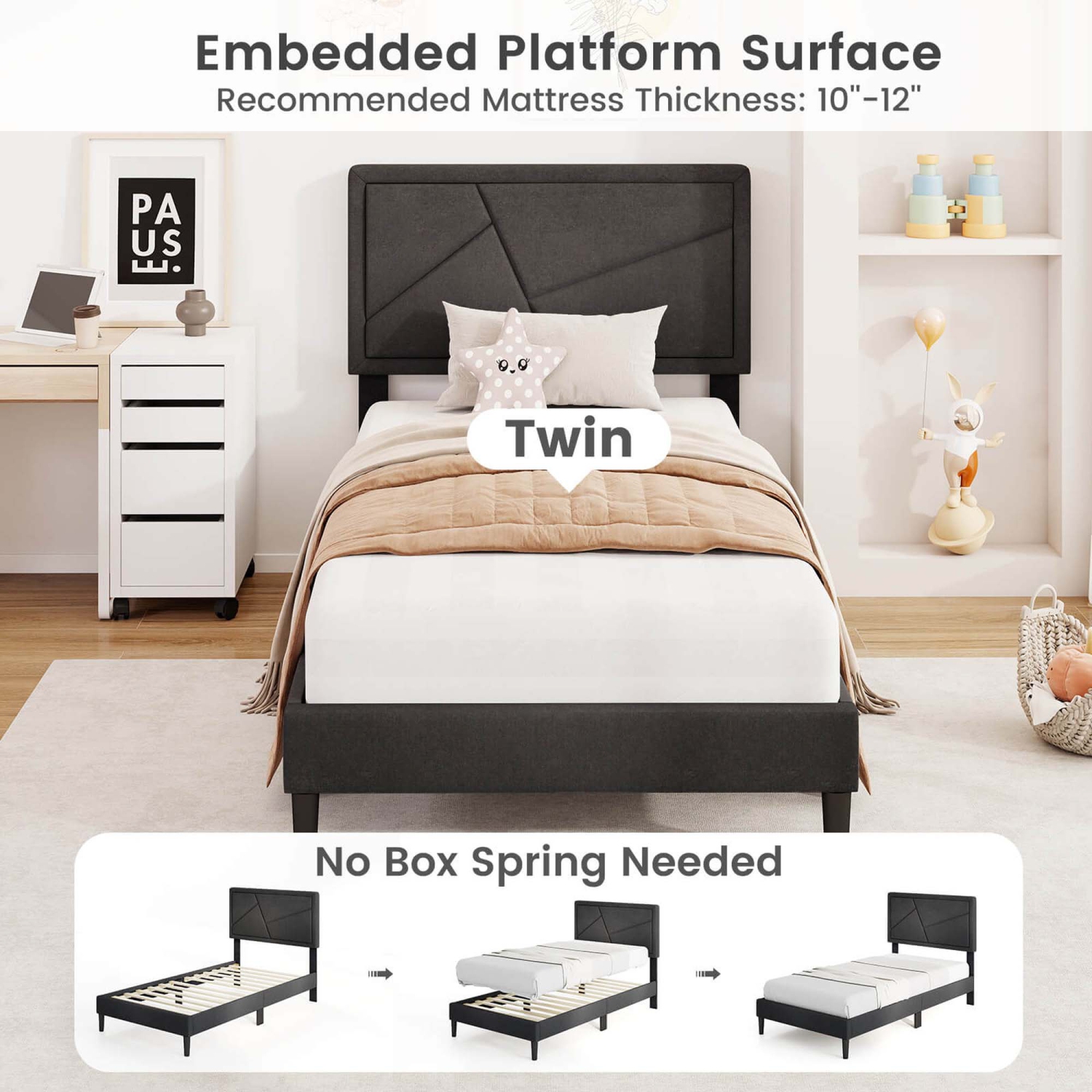 Costway Twin/Full/Queen Size Bed Frame with High Headboard & Wooden Slats No Box Spring Needed