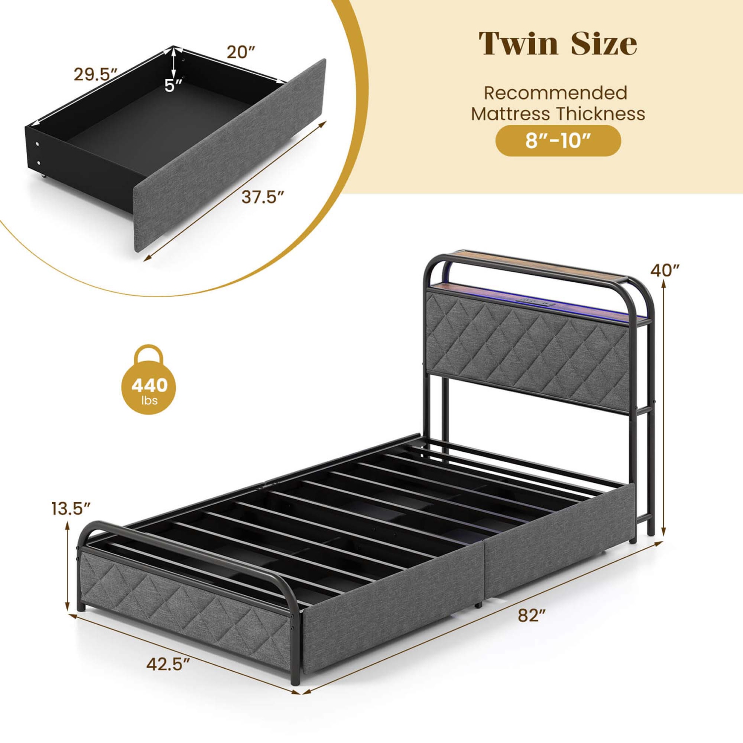 Cadre de lit simple/double/grand lit avec éclairage LED et tête de lit avec rangement pour station de recharge noire de Costway