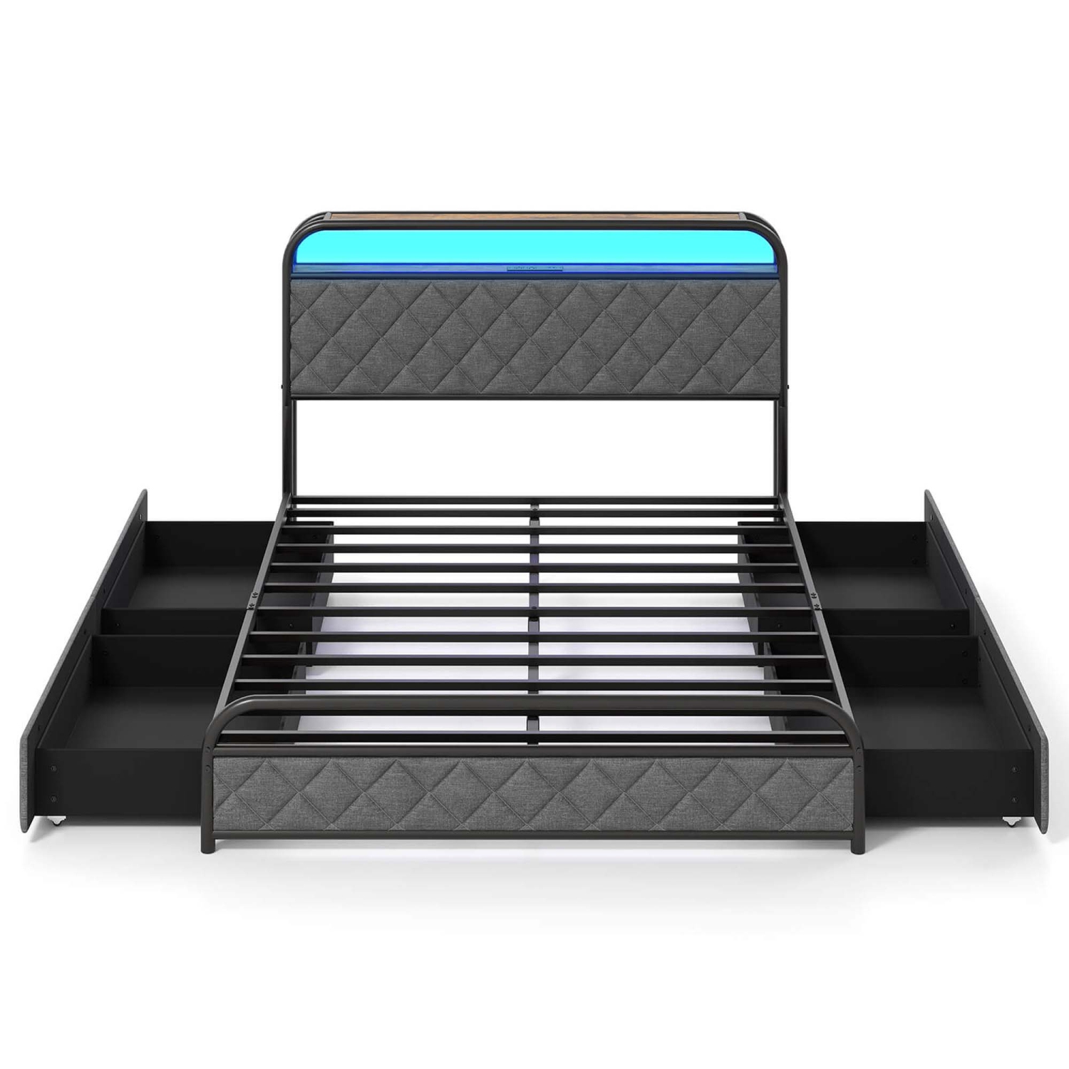 Cadre de lit simple/double/grand lit avec éclairage LED et tête de lit avec rangement pour station de recharge noire de Costway