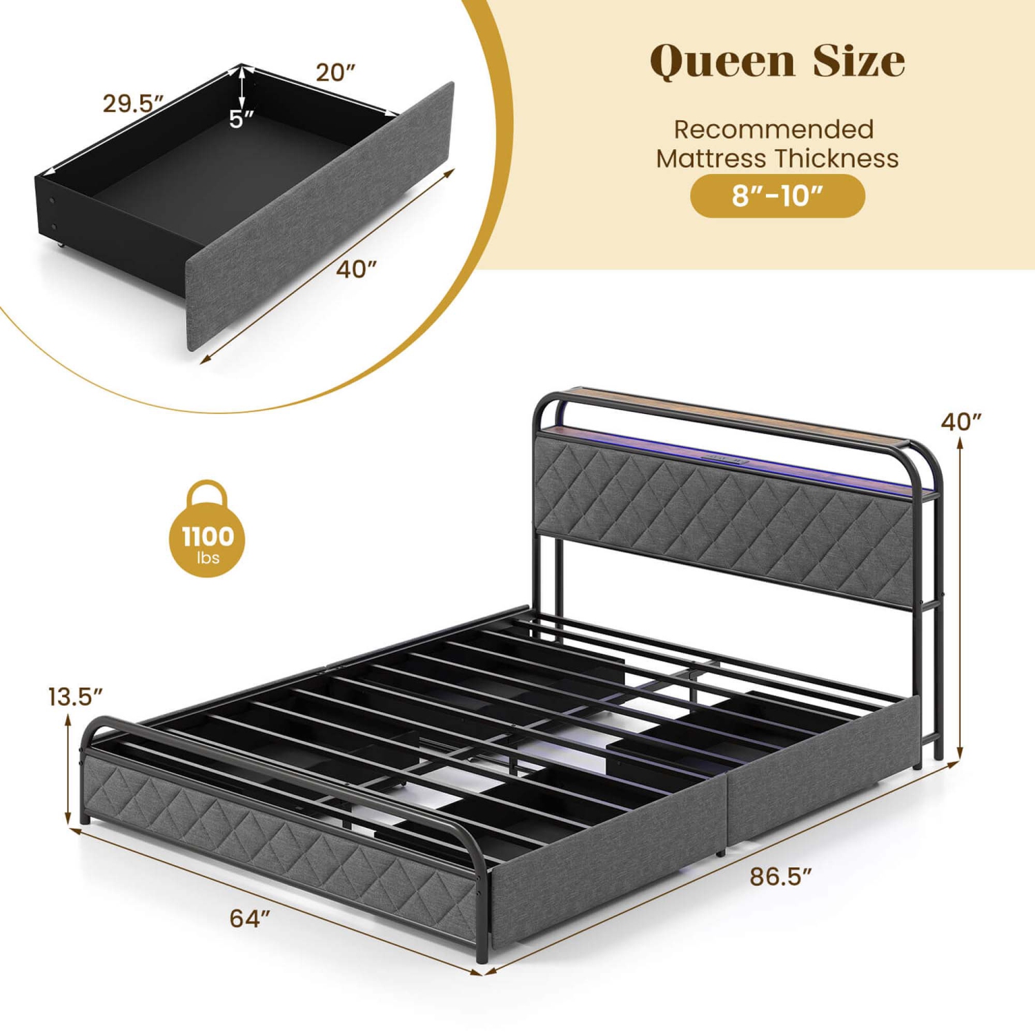 Costway Twin/Full/Queen Size Bed Frame with LED Lights & Charging Station Storage Headboard Black