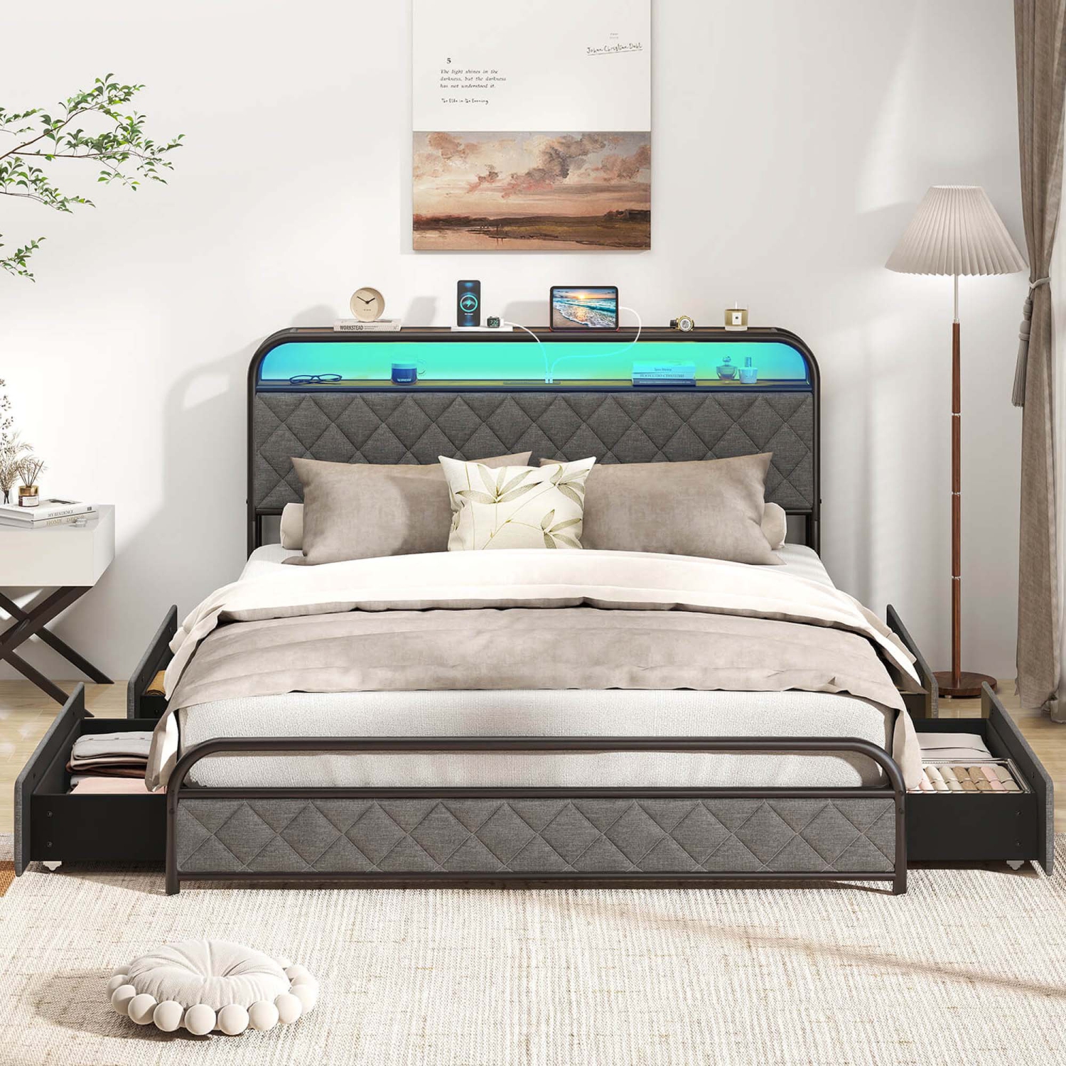 Costway Twin/Full/Queen Size Bed Frame with LED Lights & Charging Station Storage Headboard Black