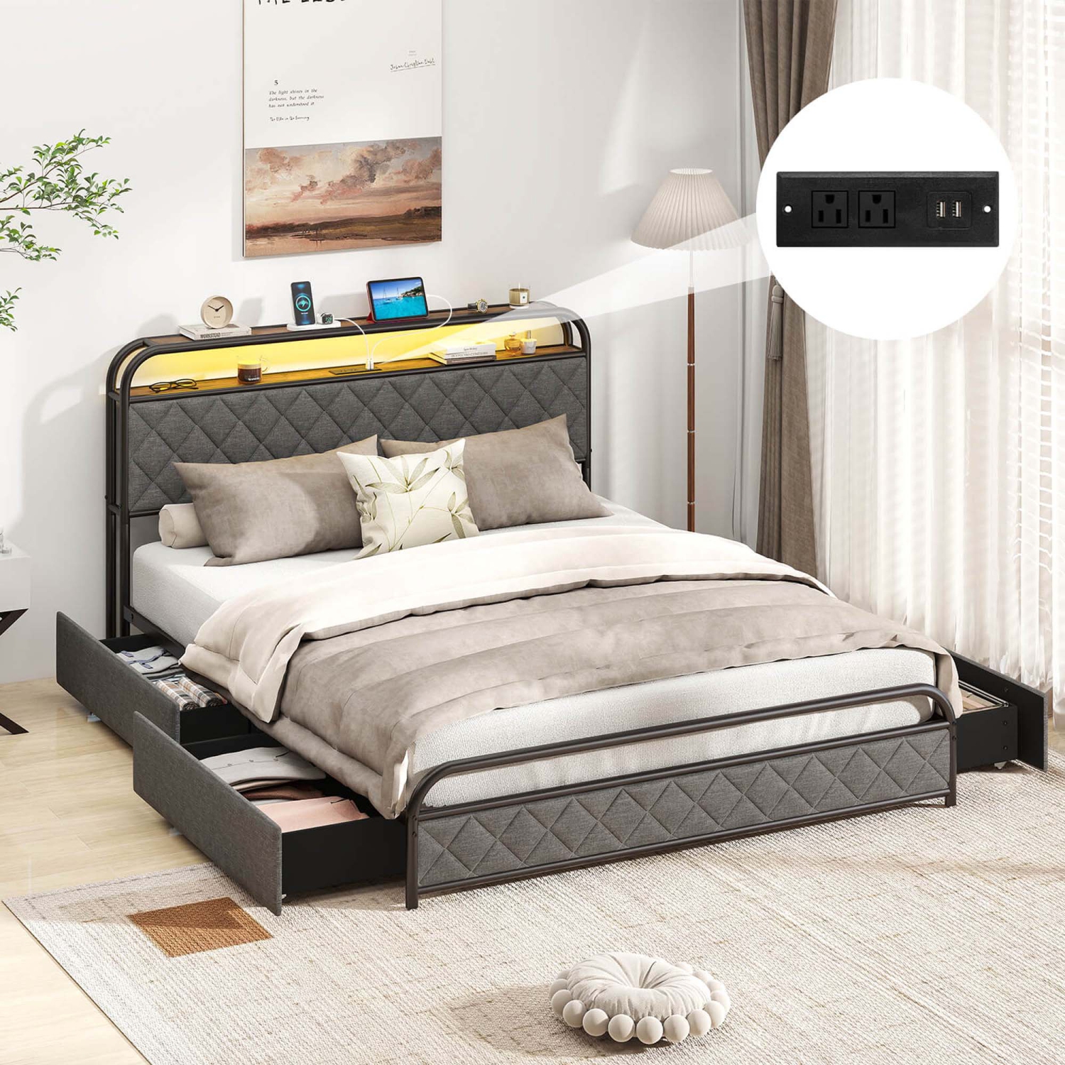 Costway Twin/Full/Queen Size Bed Frame with LED Lights & Charging Station Storage Headboard Black