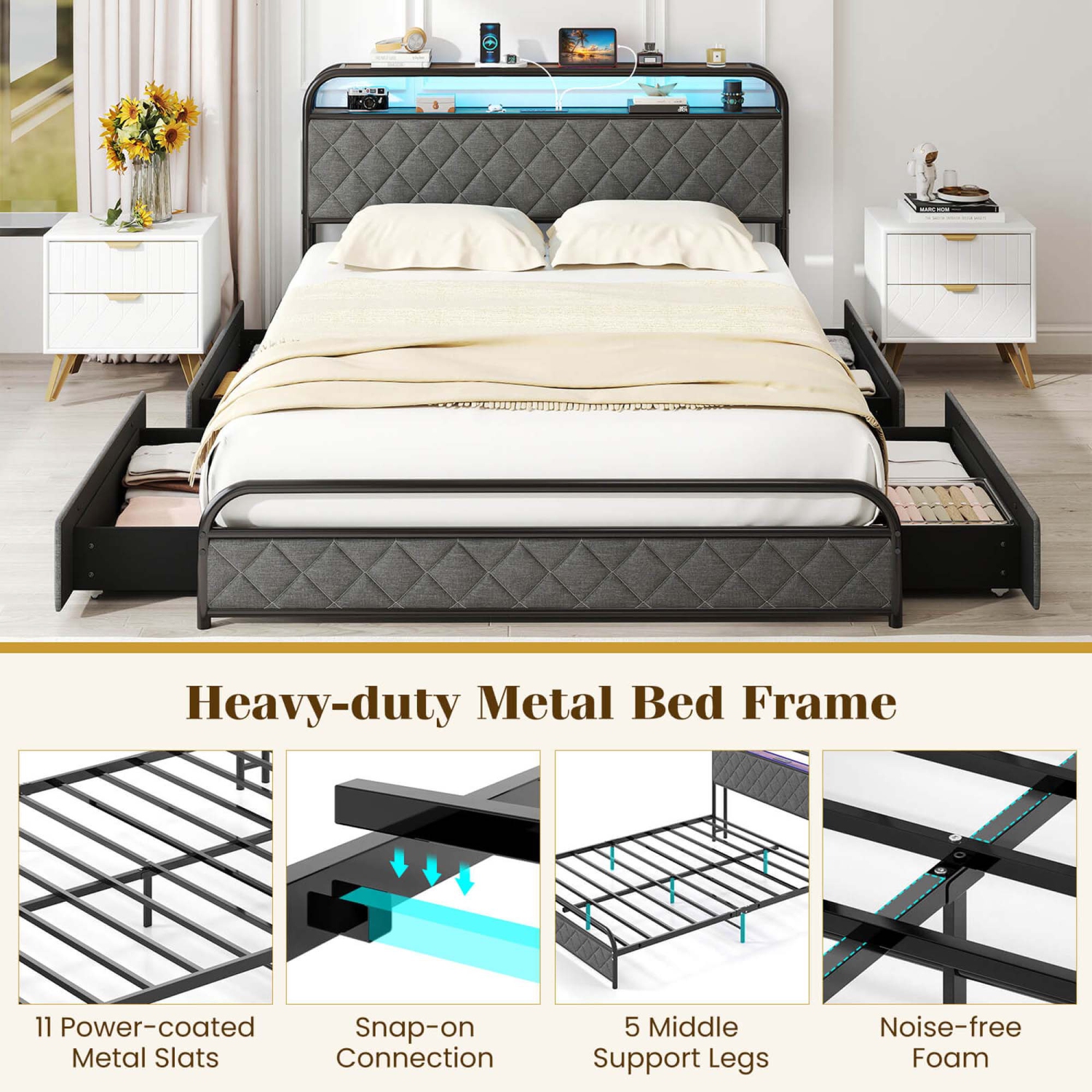 Costway Twin/Full/Queen Size Bed Frame with LED Lights & Charging Station Storage Headboard Black