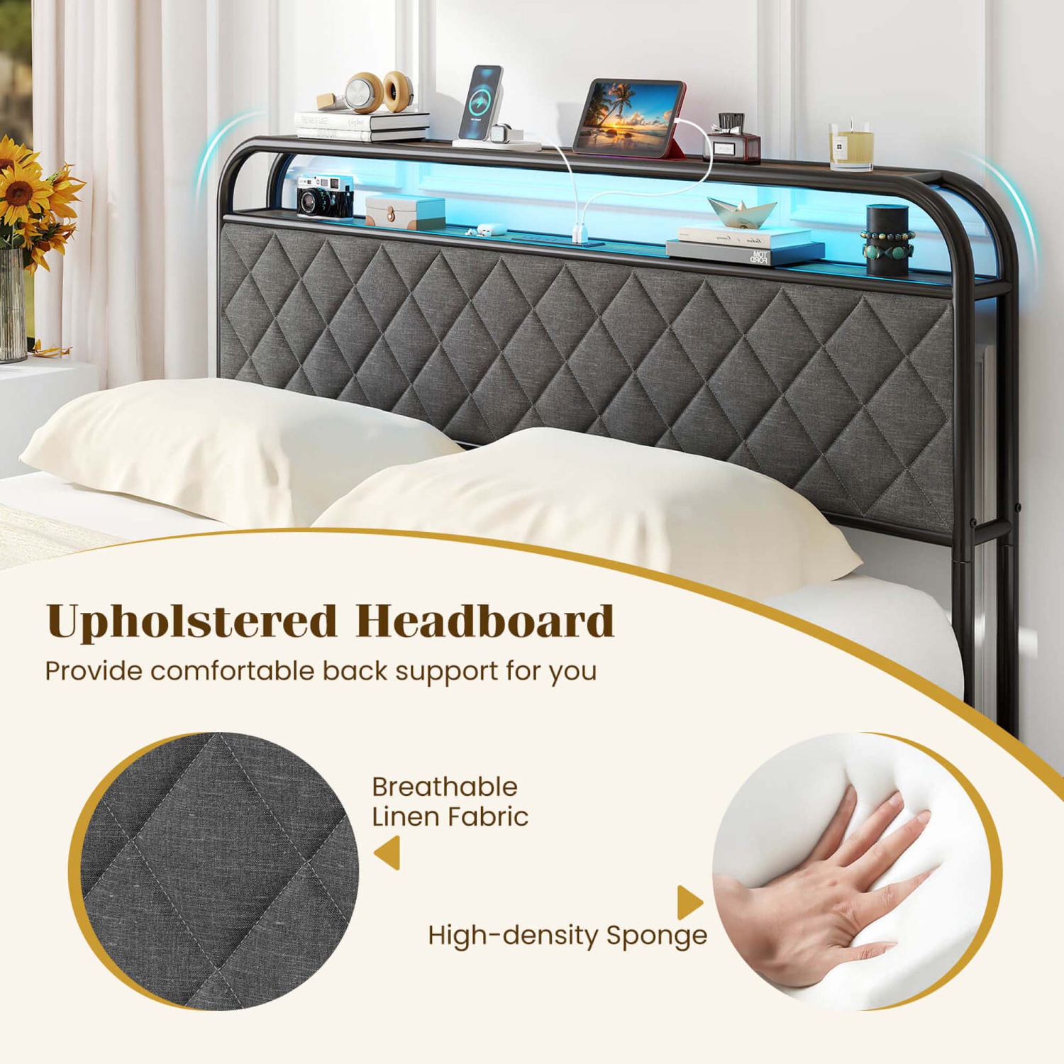 Costway Twin/Full/Queen Size Bed Frame with LED Lights & Charging Station Storage Headboard Black