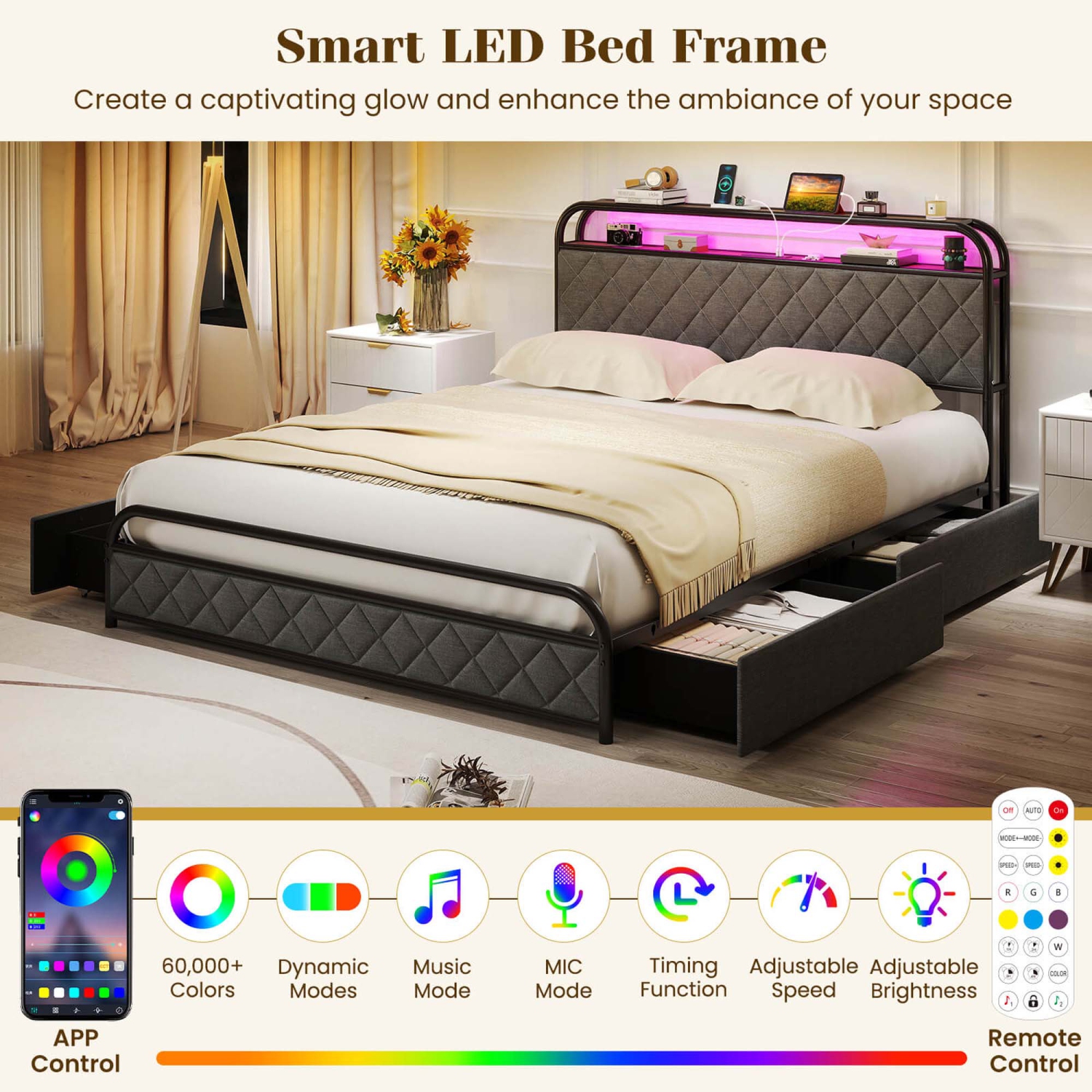 Costway Twin/Full/Queen Size Bed Frame with LED Lights & Charging Station Storage Headboard Black