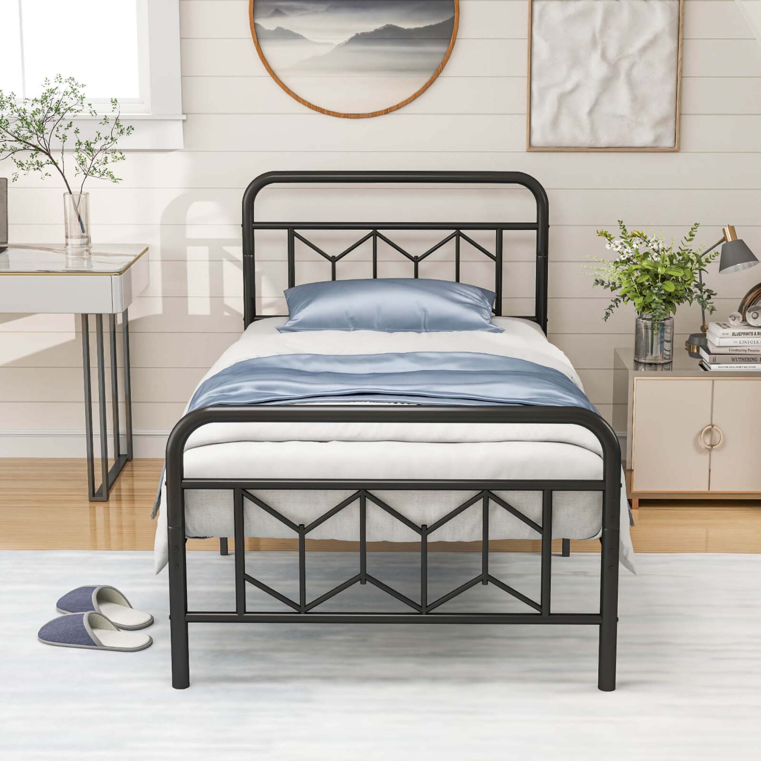 Sommier de matelas pour lit simple/double/grand lit/très grand lit avec tête de lit 12,5&nbsp;po Rangement sous le lit de Costway, noir