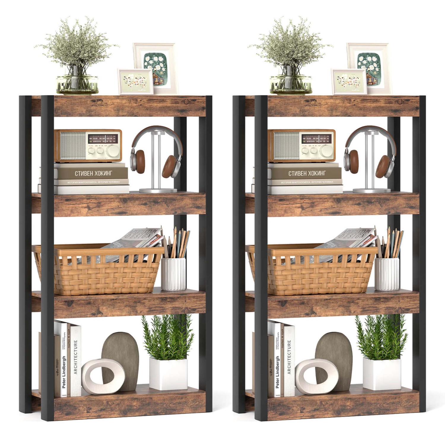 Costway 2 PCS 4 Tier Bookshelf Wooden Bookcase with Dual Anti-Tipping Kits Open Shelving Unit