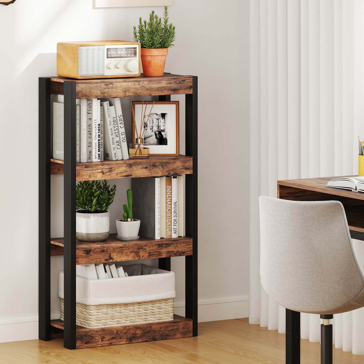 Costway 2 PCS 4 Tier Bookshelf Wooden Bookcase with Dual Anti-Tipping Kits Open Shelving Unit
