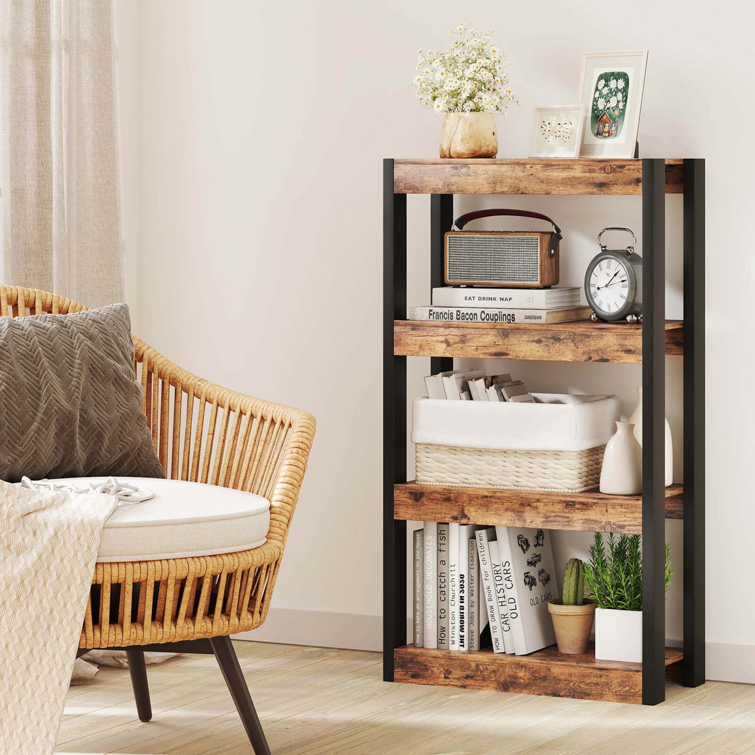 Costway 2 PCS 4 Tier Bookshelf Wooden Bookcase with Dual Anti-Tipping Kits Open Shelving Unit