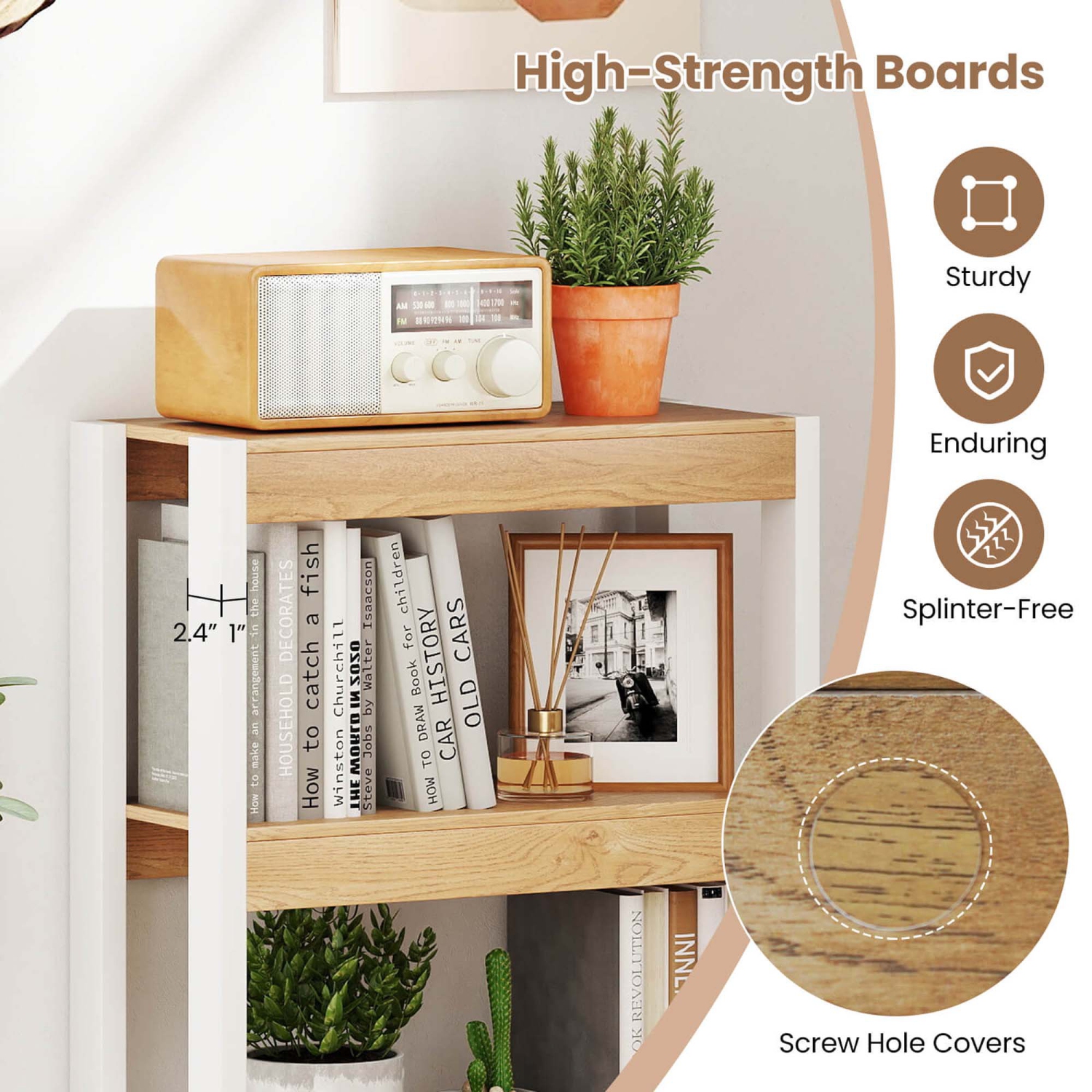 Costway 1 PCS 4 Tier Bookshelf Wooden Bookcase with Dual Anti-Tipping Kits Open Shelving Unit Natural