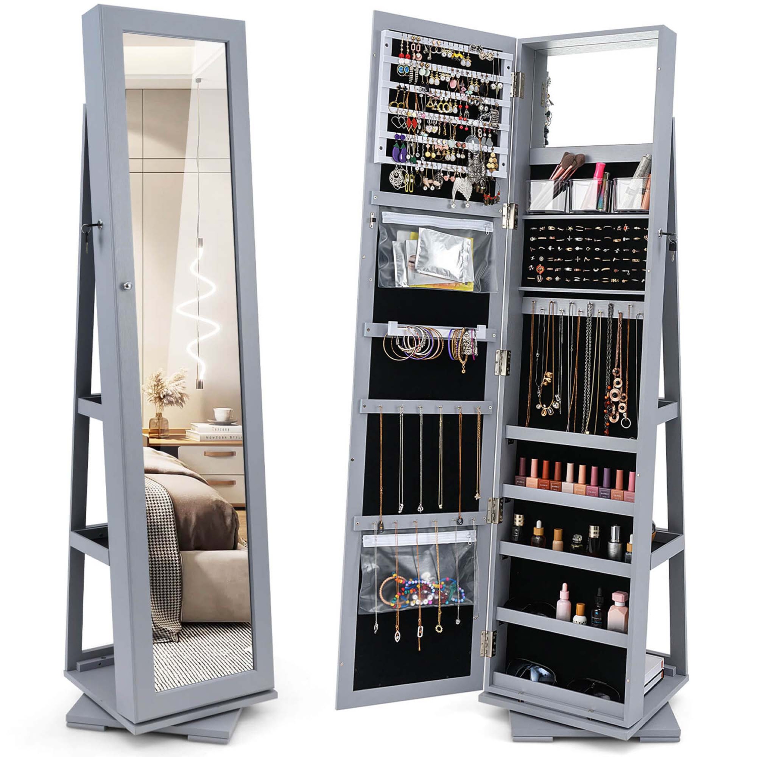 Costway 360degree Rotatable Jewelry Cabinet 2-in-1 Lockable Mirrored Organizer