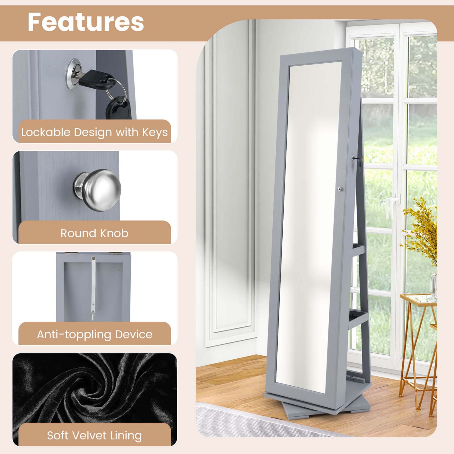 Costway 360degree Rotatable Jewelry Cabinet 2-in-1 Lockable Mirrored Organizer