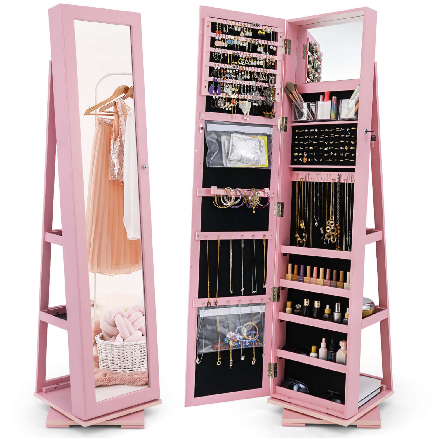 Armoire à bijoux rotative 2-en-1 avec miroir verrouillable à 360 degrés de Costway
