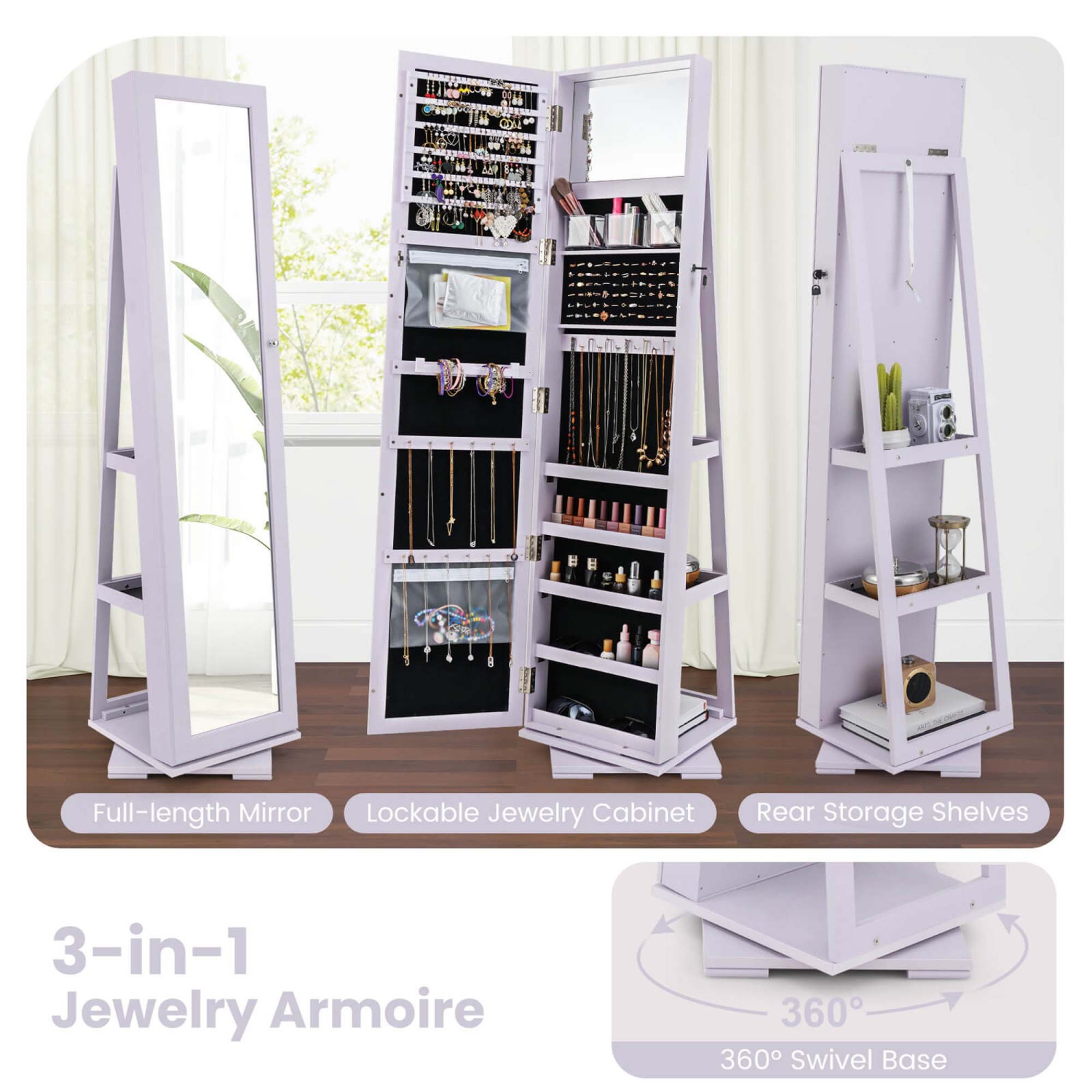 Armoire à bijoux rotative 2-en-1 avec miroir verrouillable à 360 degrés de Costway