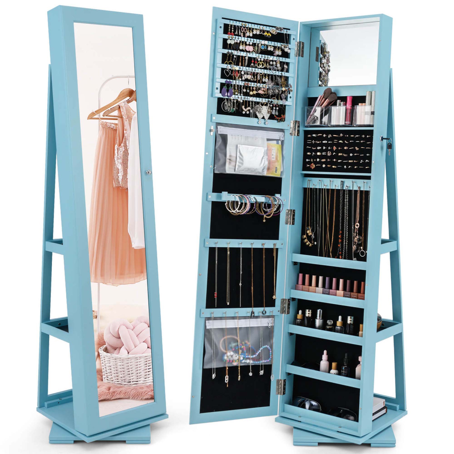 Costway 360degree Rotatable Jewelry Cabinet 2-in-1 Lockable Mirrored Organizer