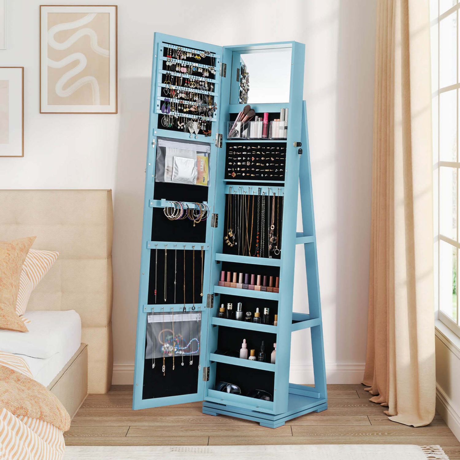 Costway 360degree Rotatable Jewelry Cabinet 2-in-1 Lockable Mirrored Organizer