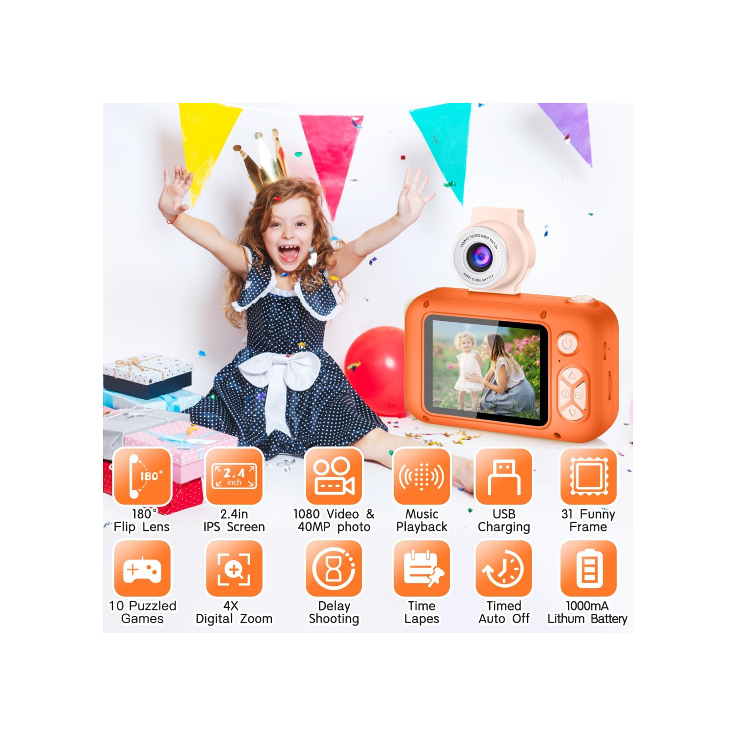 Kid Camera,ARNSSIEN Camera for Kid,2.4in IPS Screen Digital Camera,180°Flip Len Student Camera,Children Selfie Camera with Playback