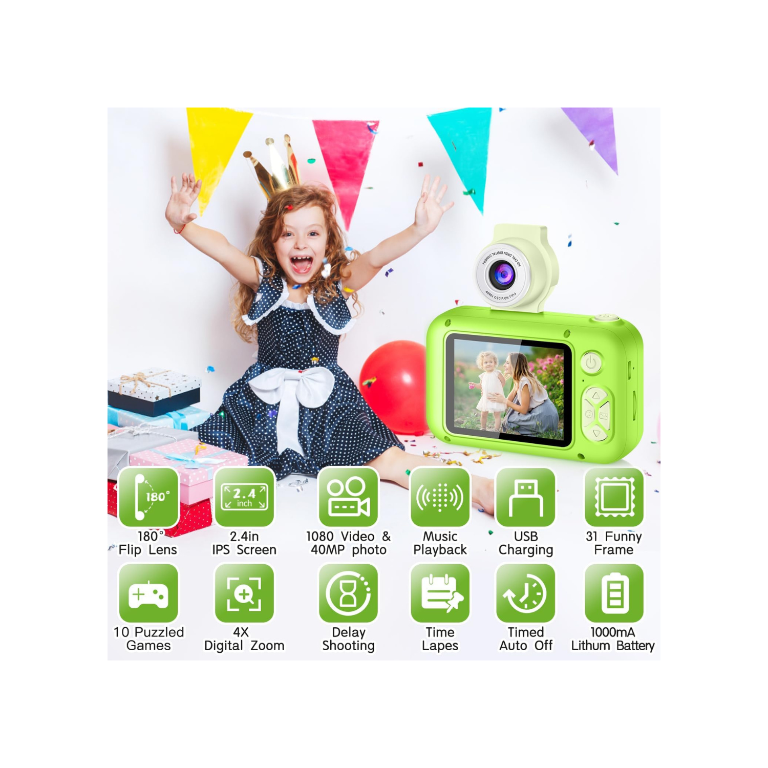 Kid Camera,ARNSSIEN Camera for Kid,2.4in IPS Screen Digital Camera,180°Flip Len Student Camera,Children Selfie Camera with Playback