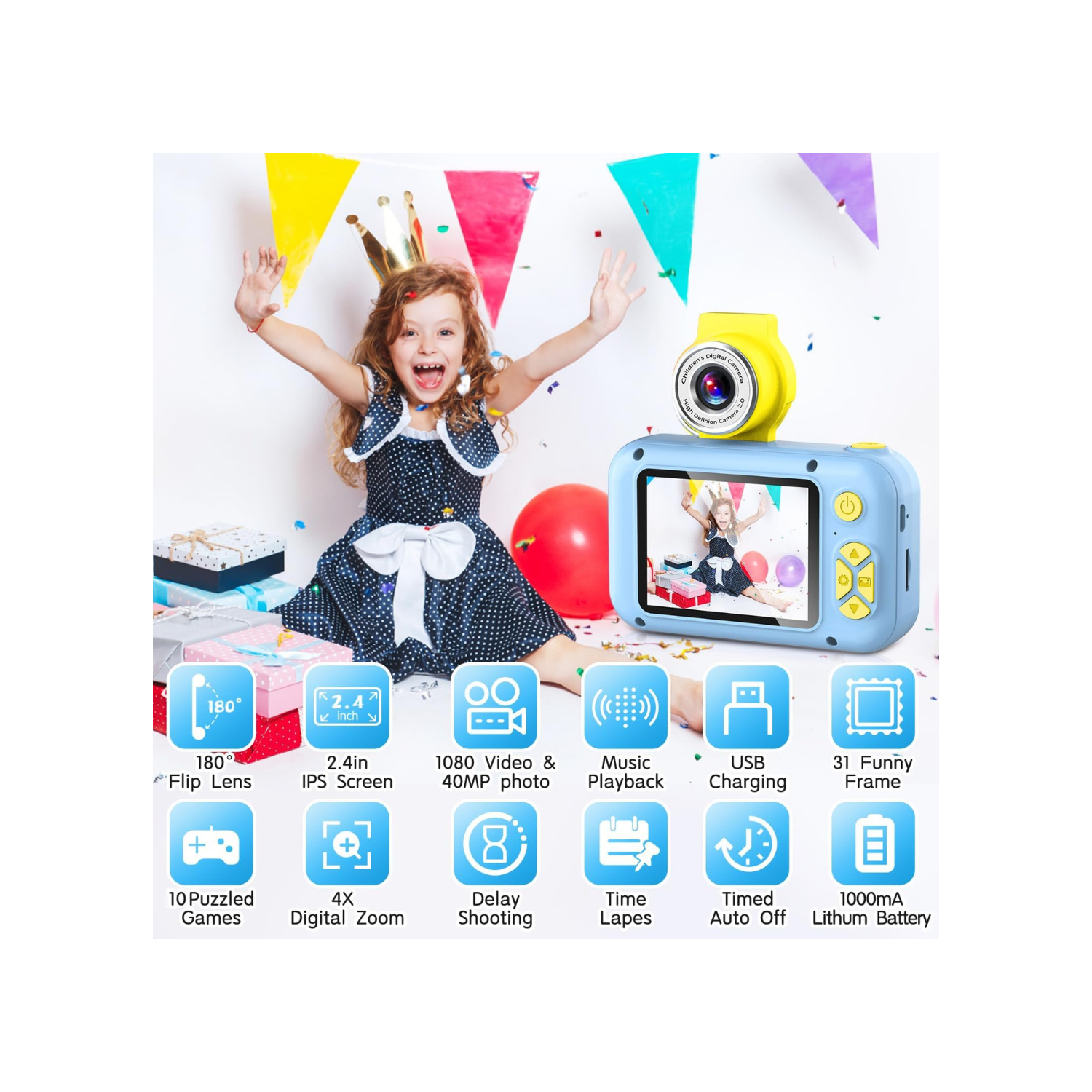 Kid Camera,ARNSSIEN Camera for Kid,2.4in IPS Screen Digital Camera,180°Flip Len Student Camera,Children Selfie Camera with Playback
