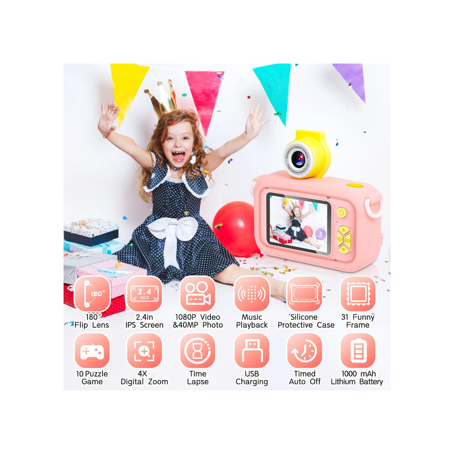 Kid Camera,ARNSSIEN Camera for Kid,2.4in IPS Screen Digital Camera,180°Flip Len Student Camera,Children Selfie Camera with Playback
