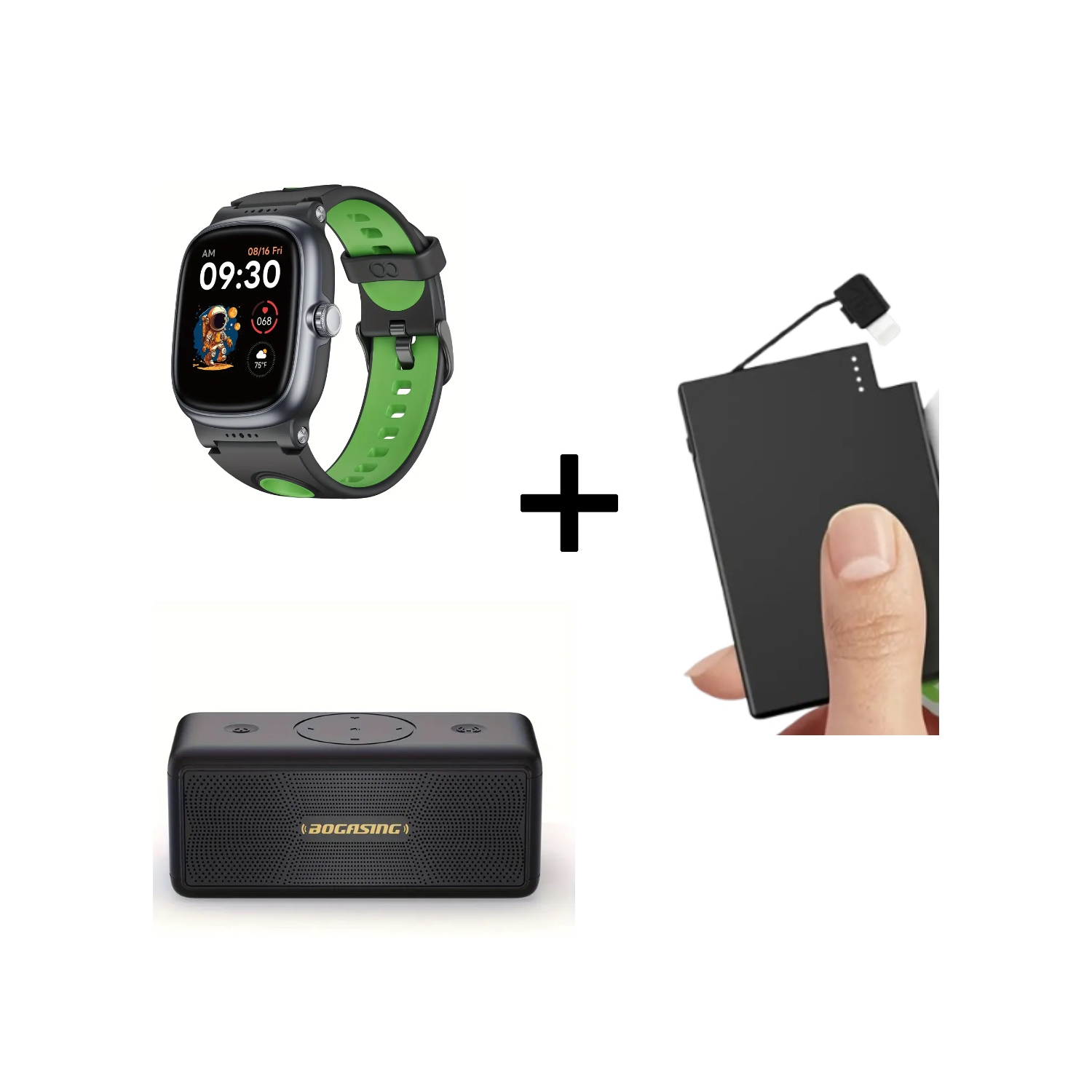 Portable 2500mAh Power Bank with Built-In Lightning Cable, Wireless Speaker with 40W Sound & 30H Playtime, and Cute Child Sport Smart Watch with 20+