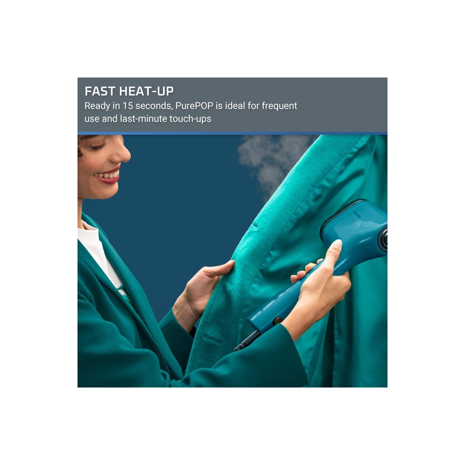 Rowenta Pure Pop Handheld Garment Steamer, 1150W, 2.3 oz Capacity, 15 Sec Heat-up, Portable, Blue